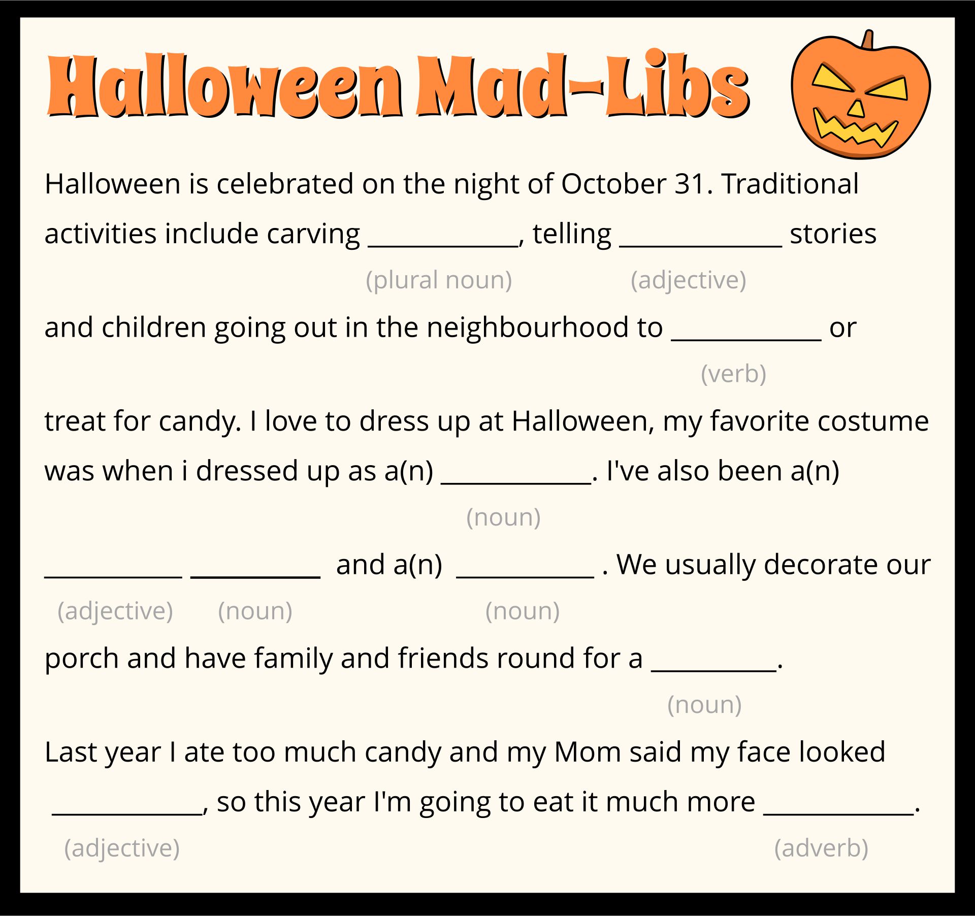 Hilarious Halloween Mad Libs Game For Adults & Teens Printable