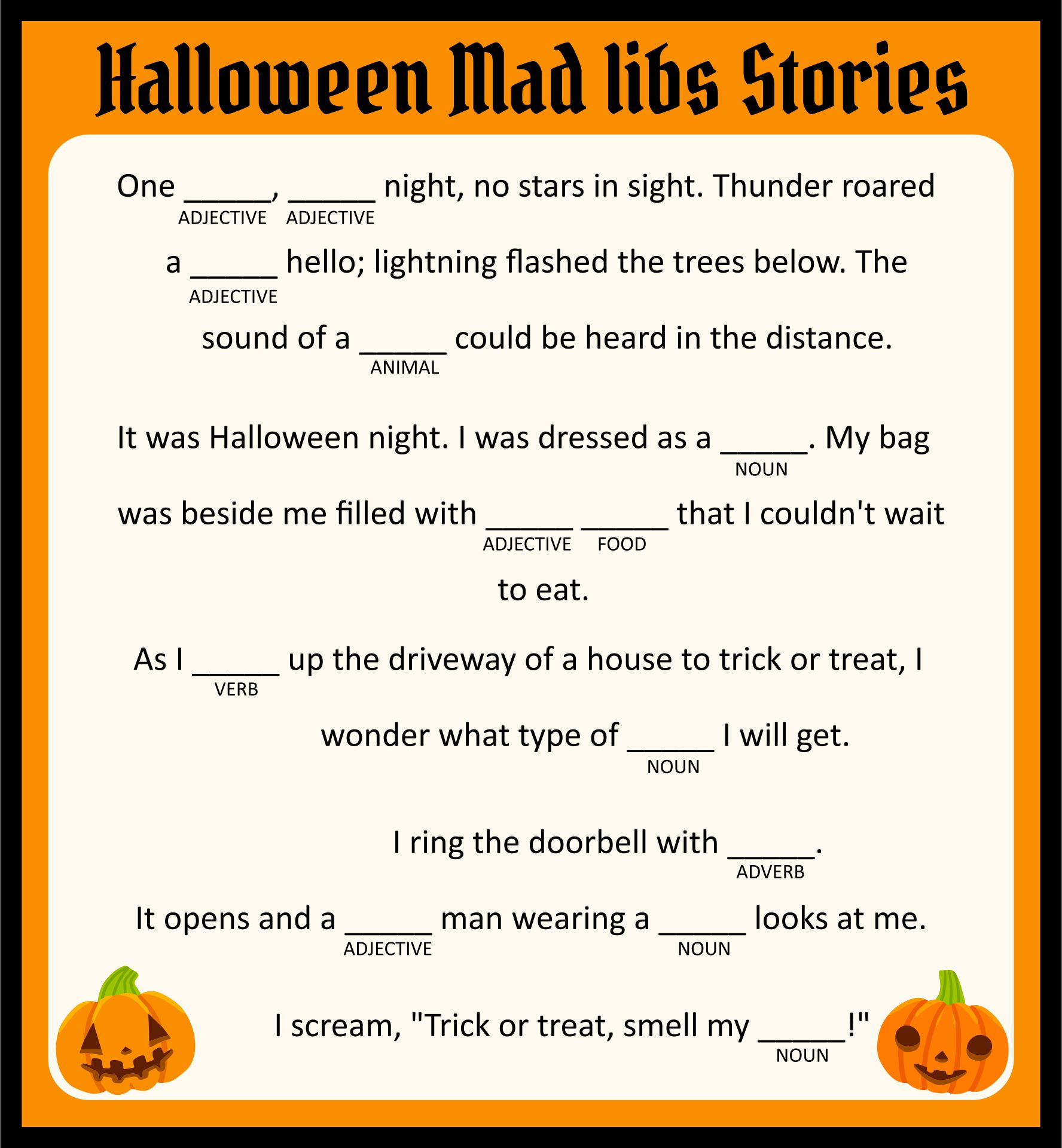 Mad Libs Halloween Party Game Fun Game