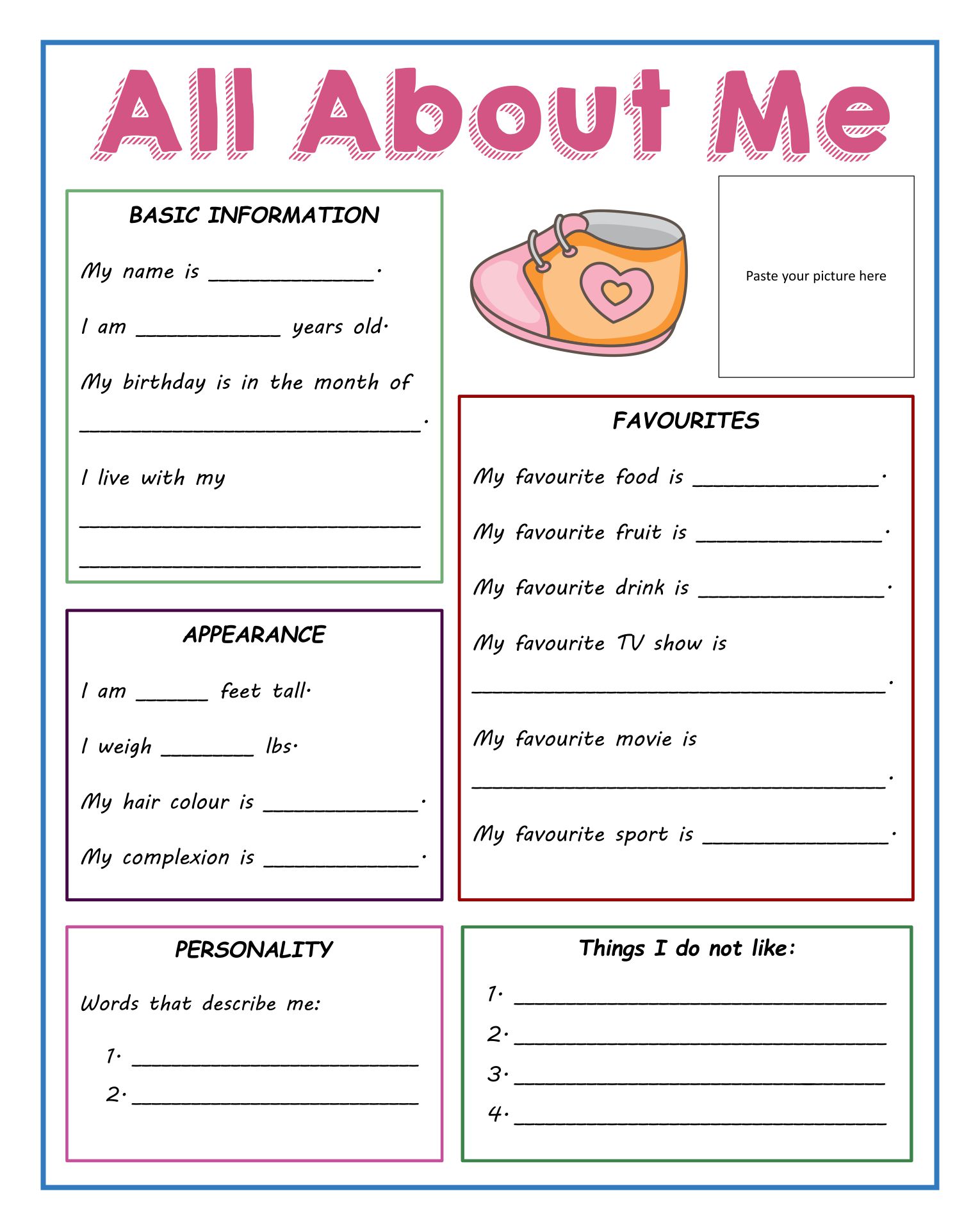 Printable English ESL All About Me Worksheets