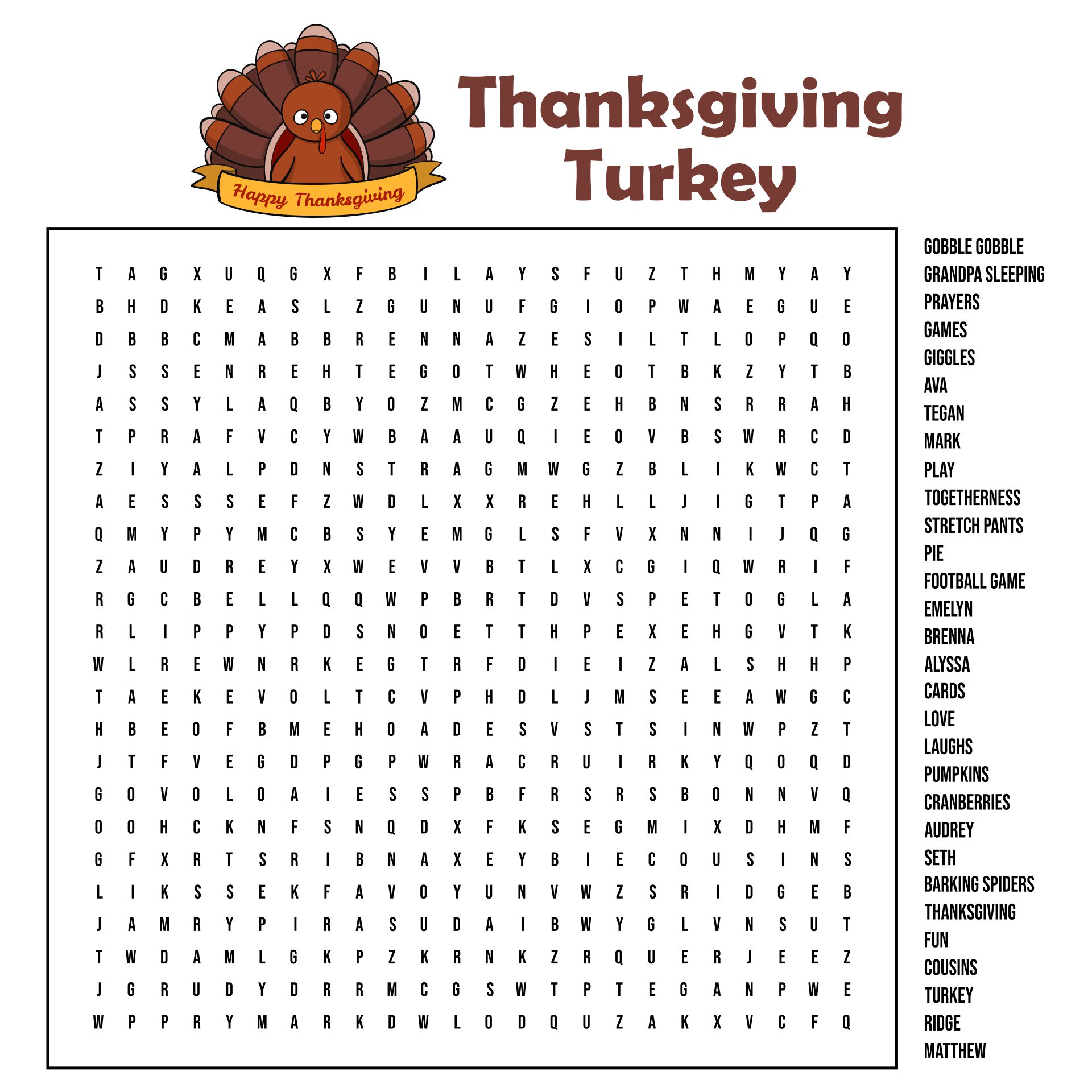 Printable Giant Turkey Day Thanksgiving Word Search Puzzle Worksheet Activity