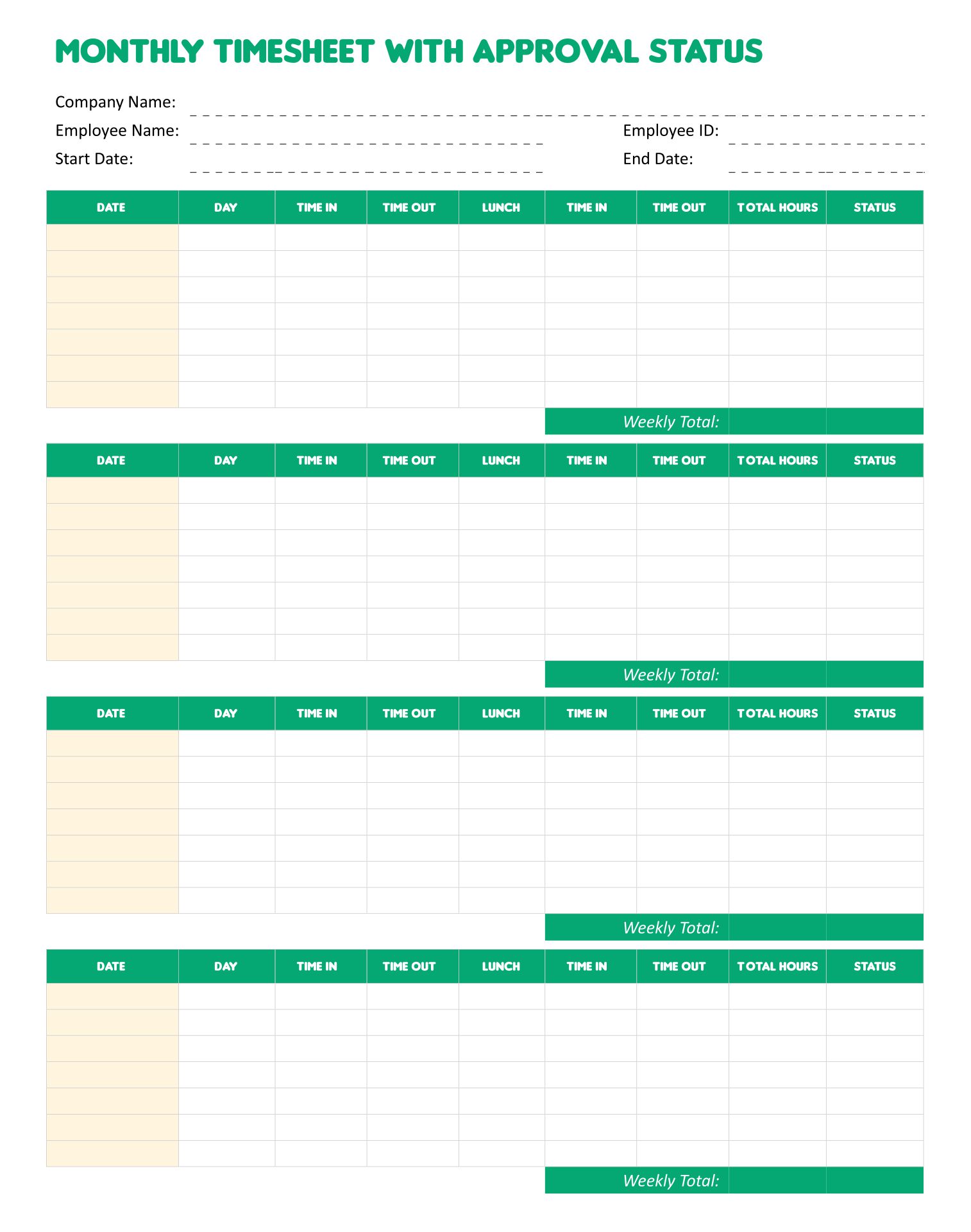 Printable Monthly Time Sheets Template