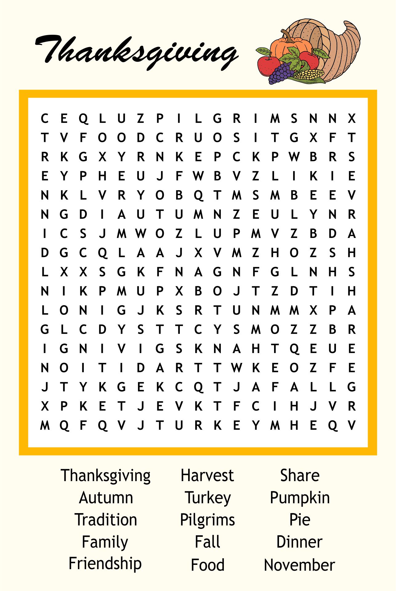 Printable Thanksgiving Word Search For Kindergarten