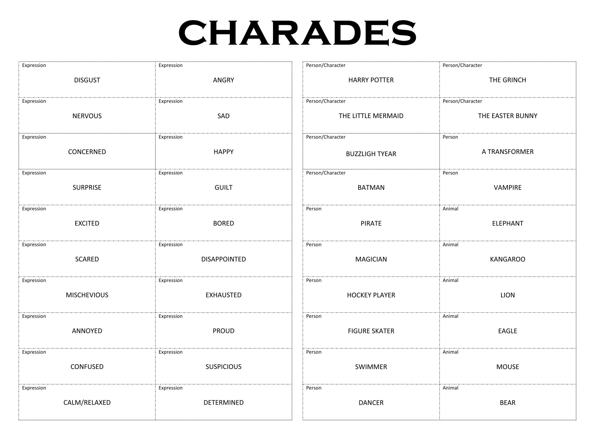 Printable Things To Act Out Charades