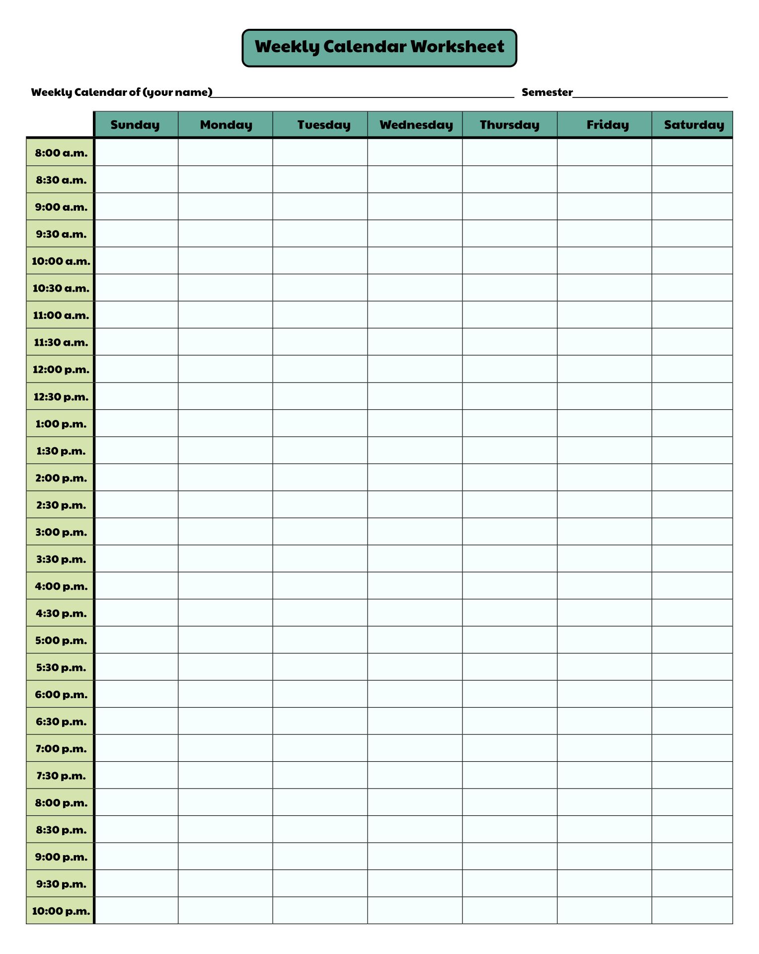 Printable Weekly Planner With Time Slots Template