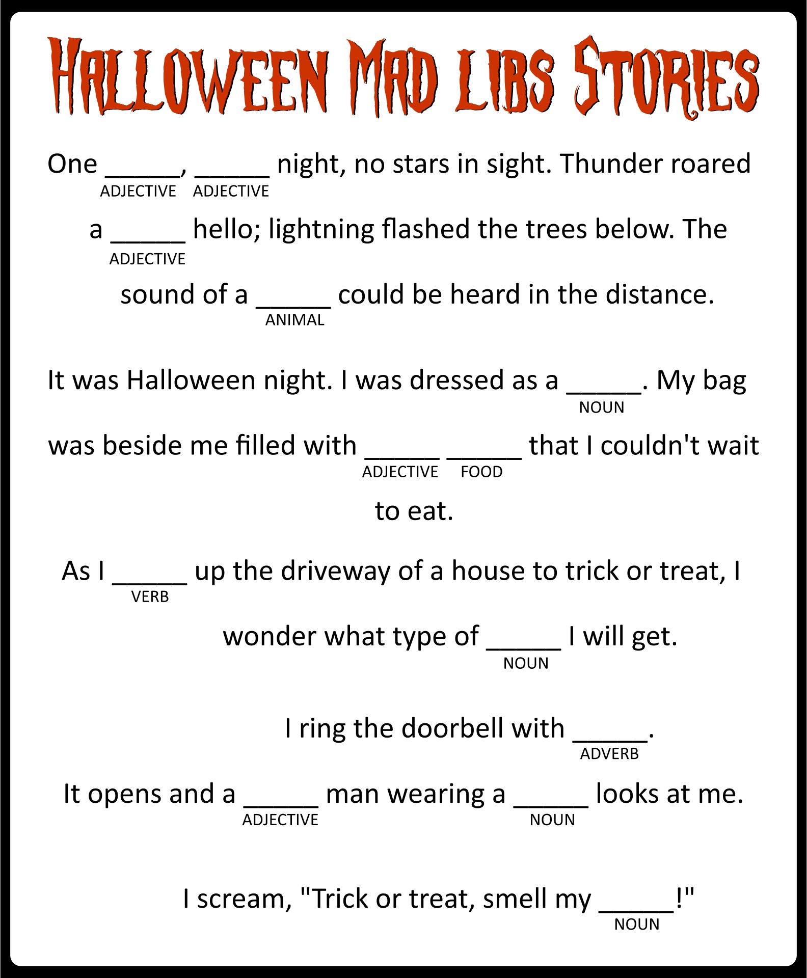 Scary Fun Halloween Mad Libs Party Game For Adults & Teens Printable