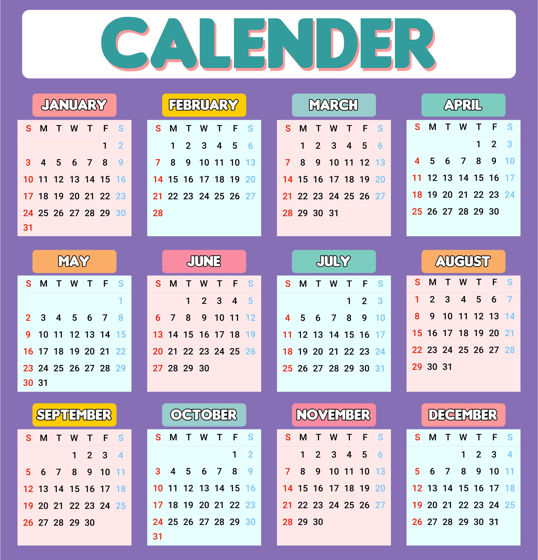 Cute Printable Calendar For Home Of School With Kids