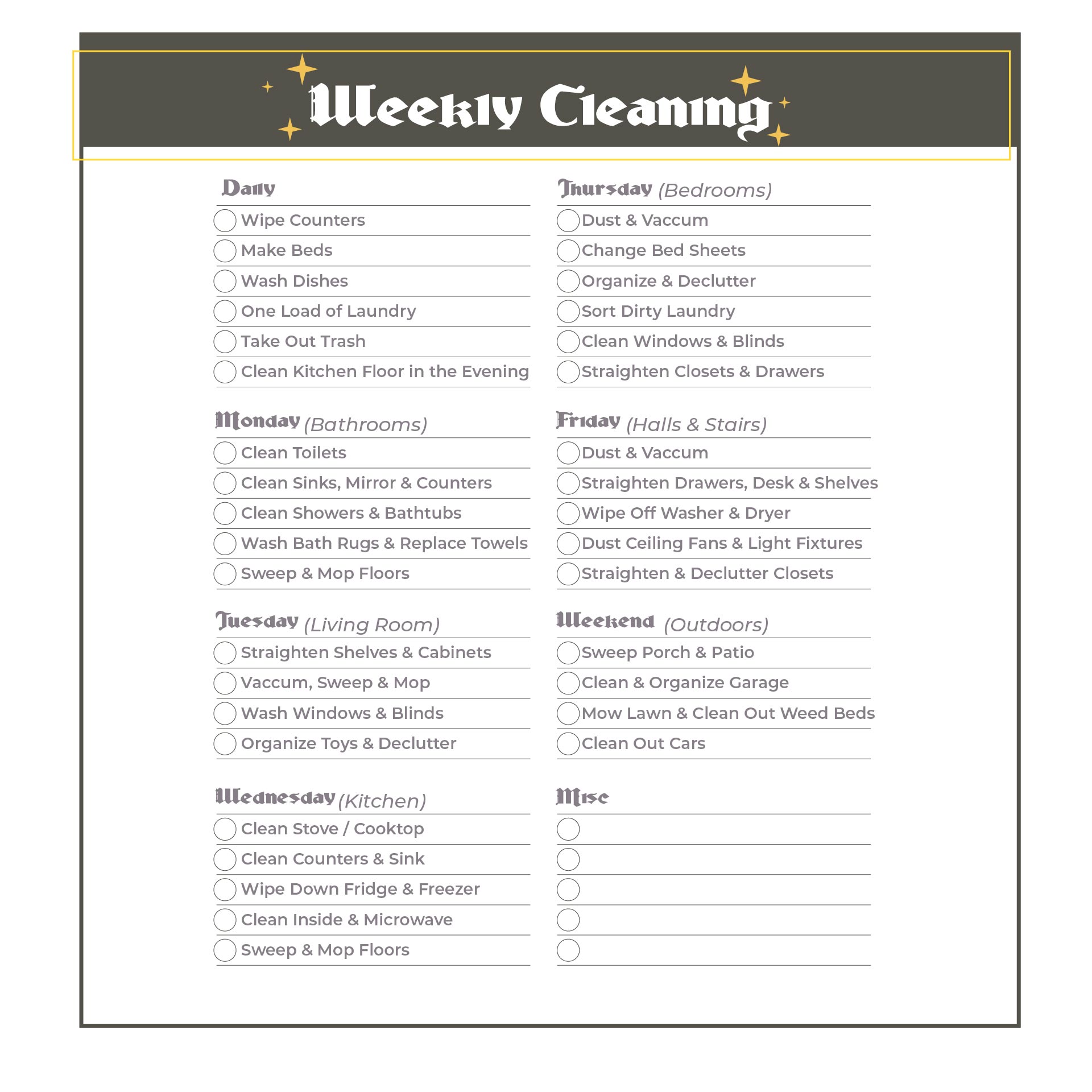Daily Weekly Monthly Cleaning Checklist Printable