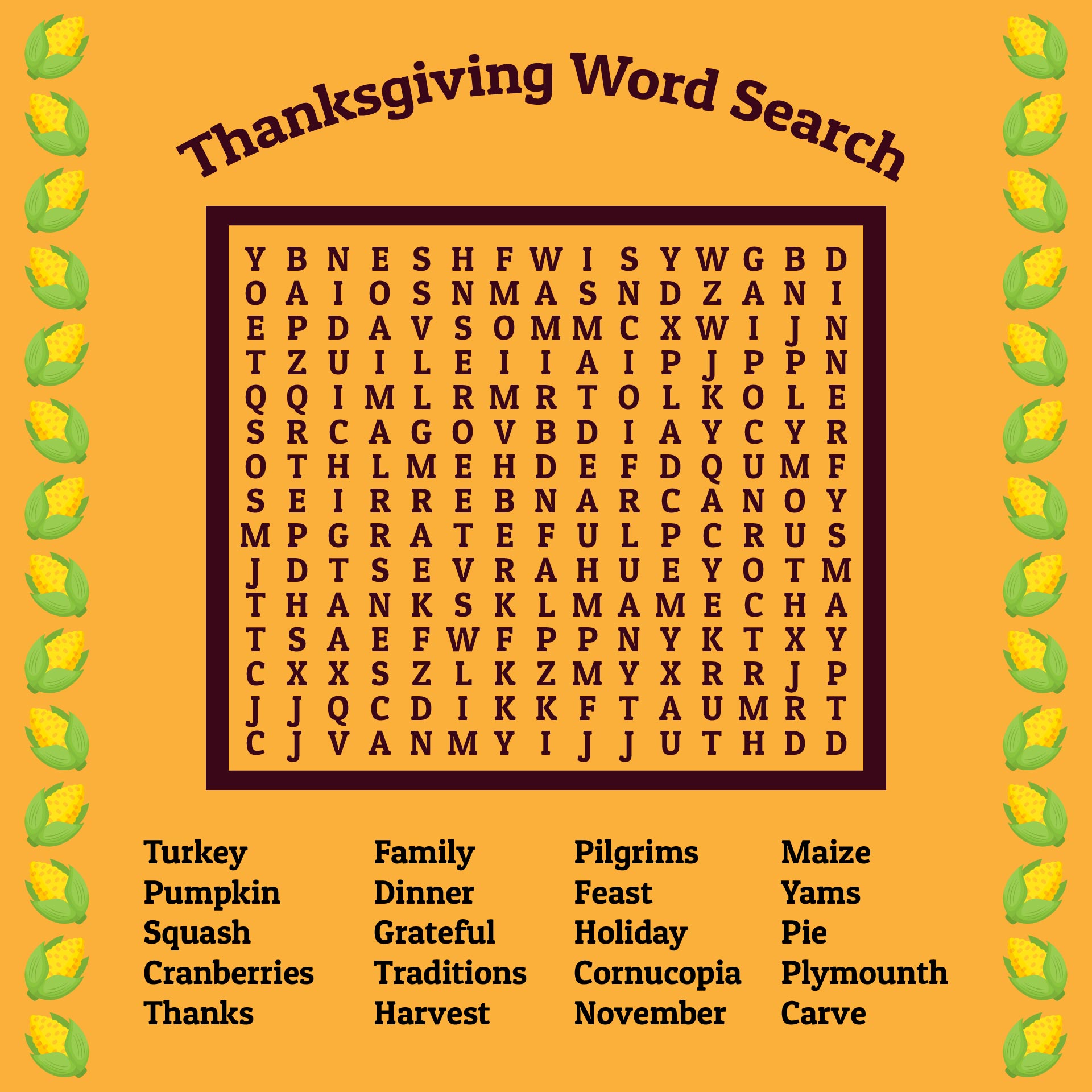 Difficult Thanksgiving Word Search Printable