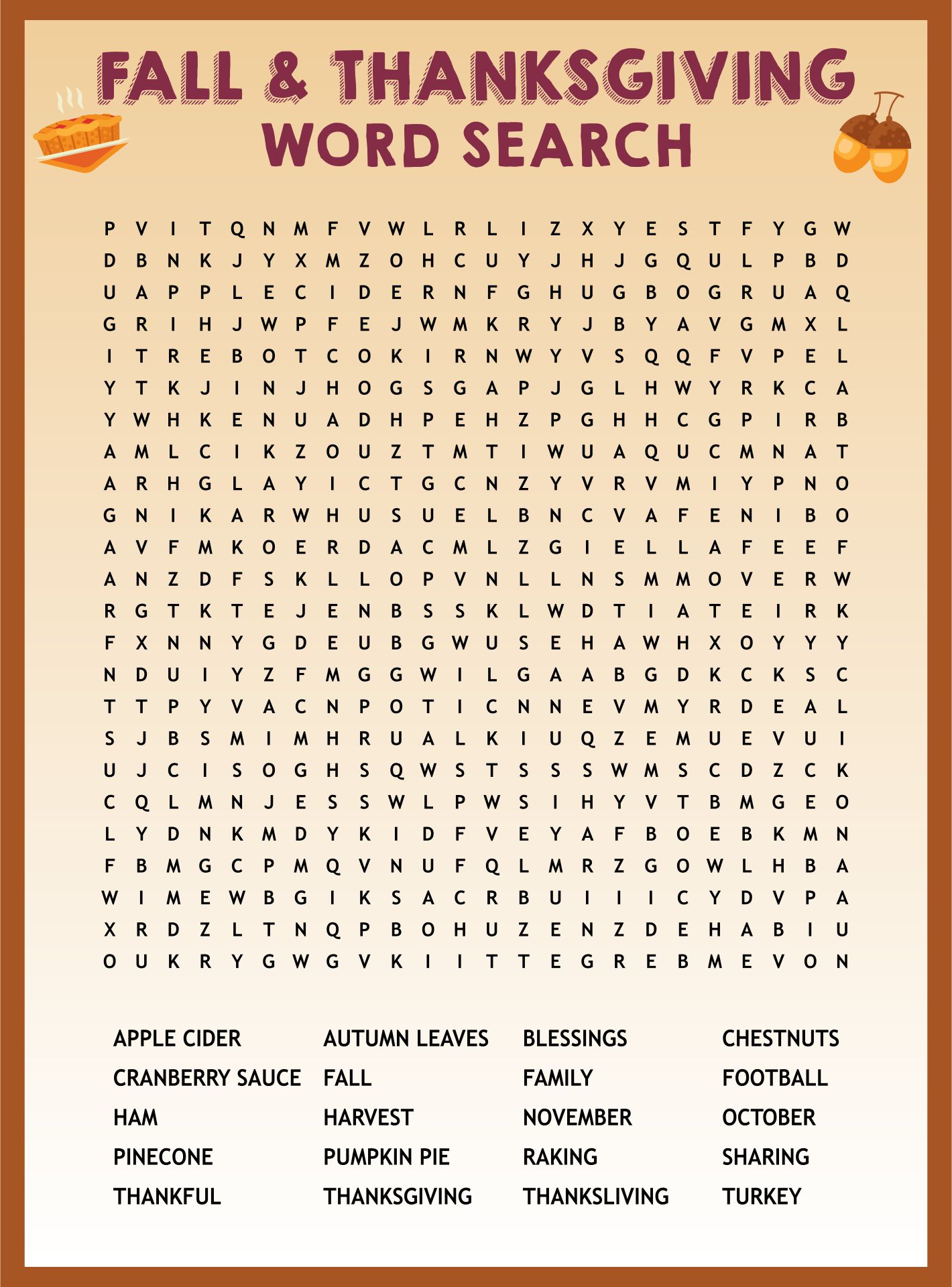 Fall & Thanksgiving Word Search Printable