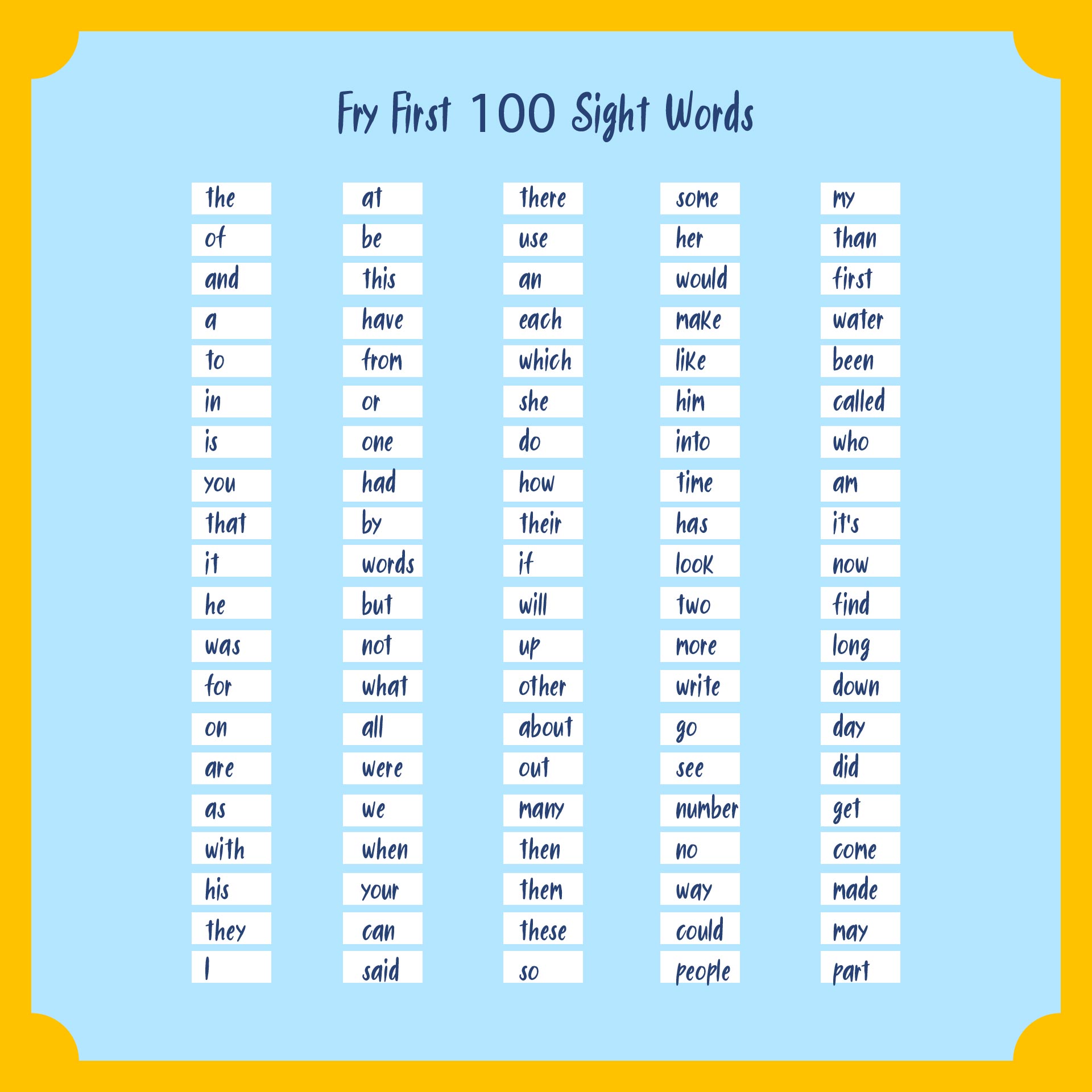 Frys First 100 Sight Words Flash Cards Printable