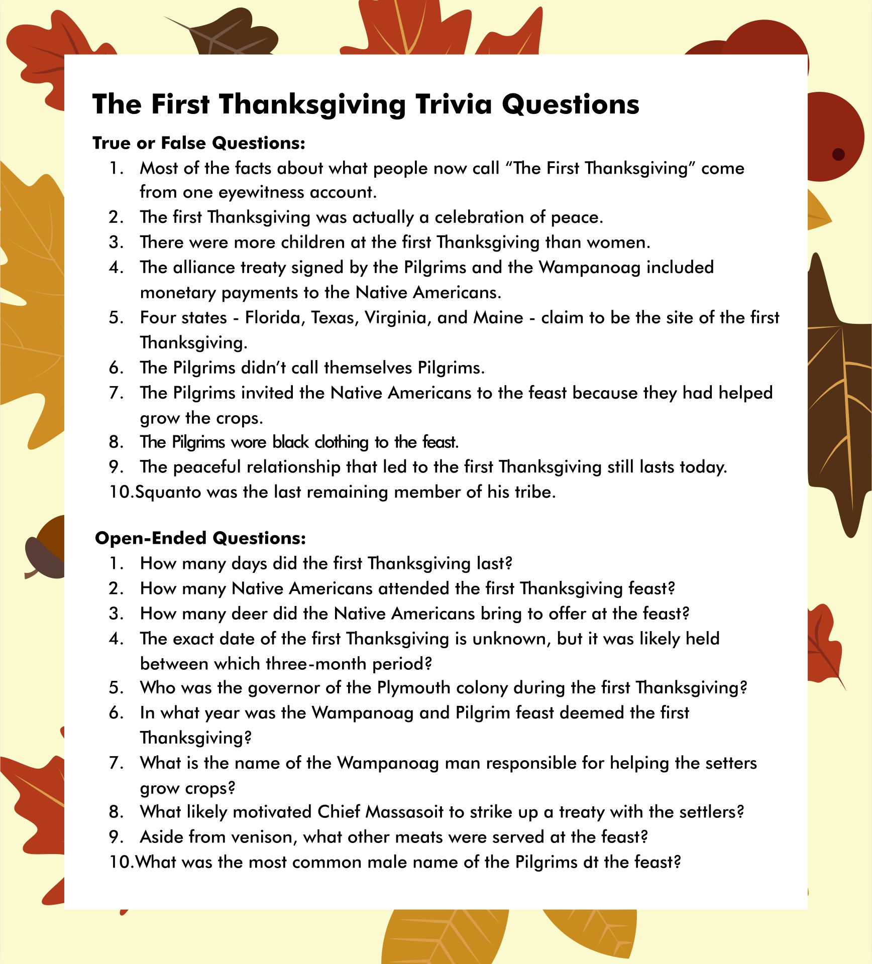 Fun Thanksgiving Trivia Games Printable