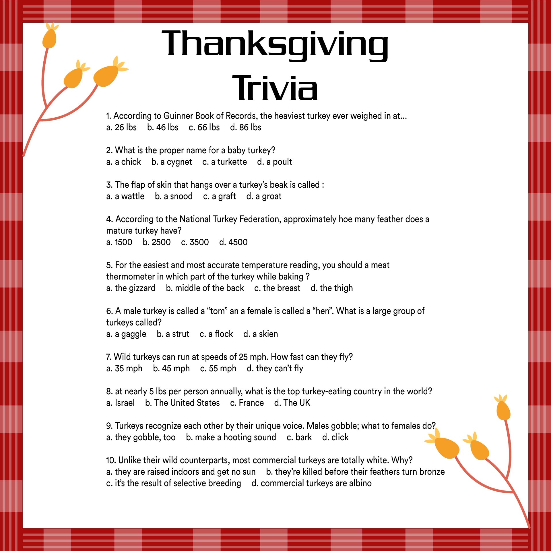 Fun Thanksgiving Trivia Quiz And Key Printable