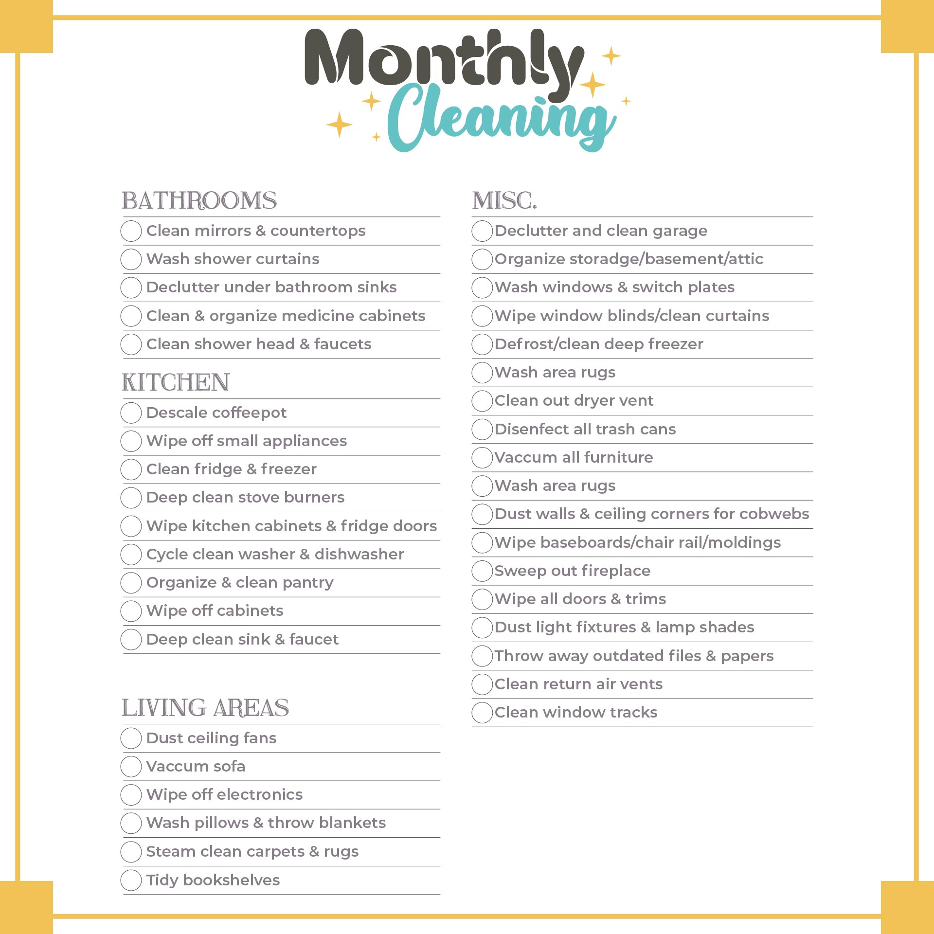 Monthly Cleaning Schedule For Home