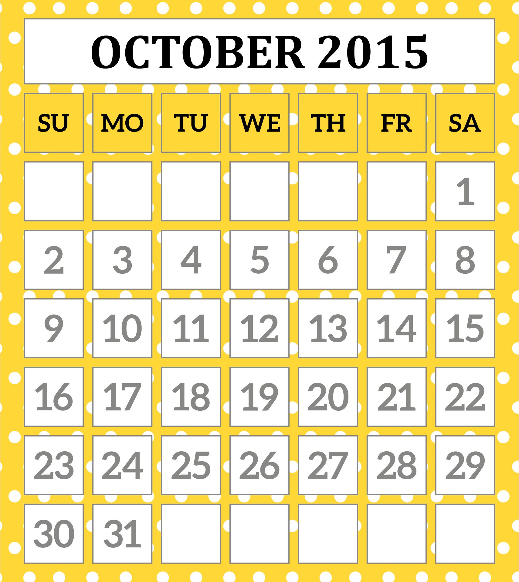 October 2015 Calendar Template Printable