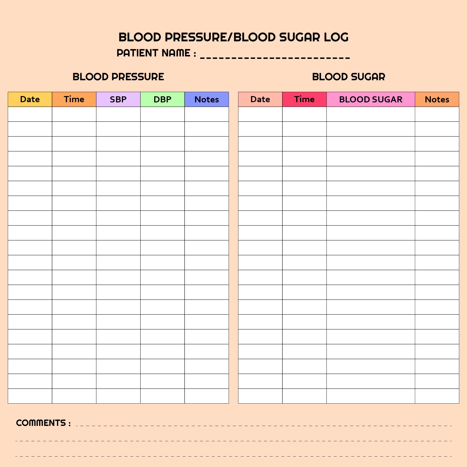 Printable Blood Sugar Blood Pressure Log