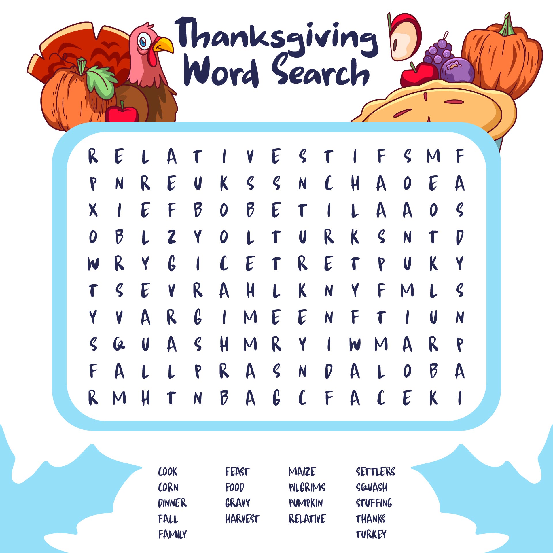Printable Fun Thanksgiving Word Search Puzzle For 5th & 6th Graders
