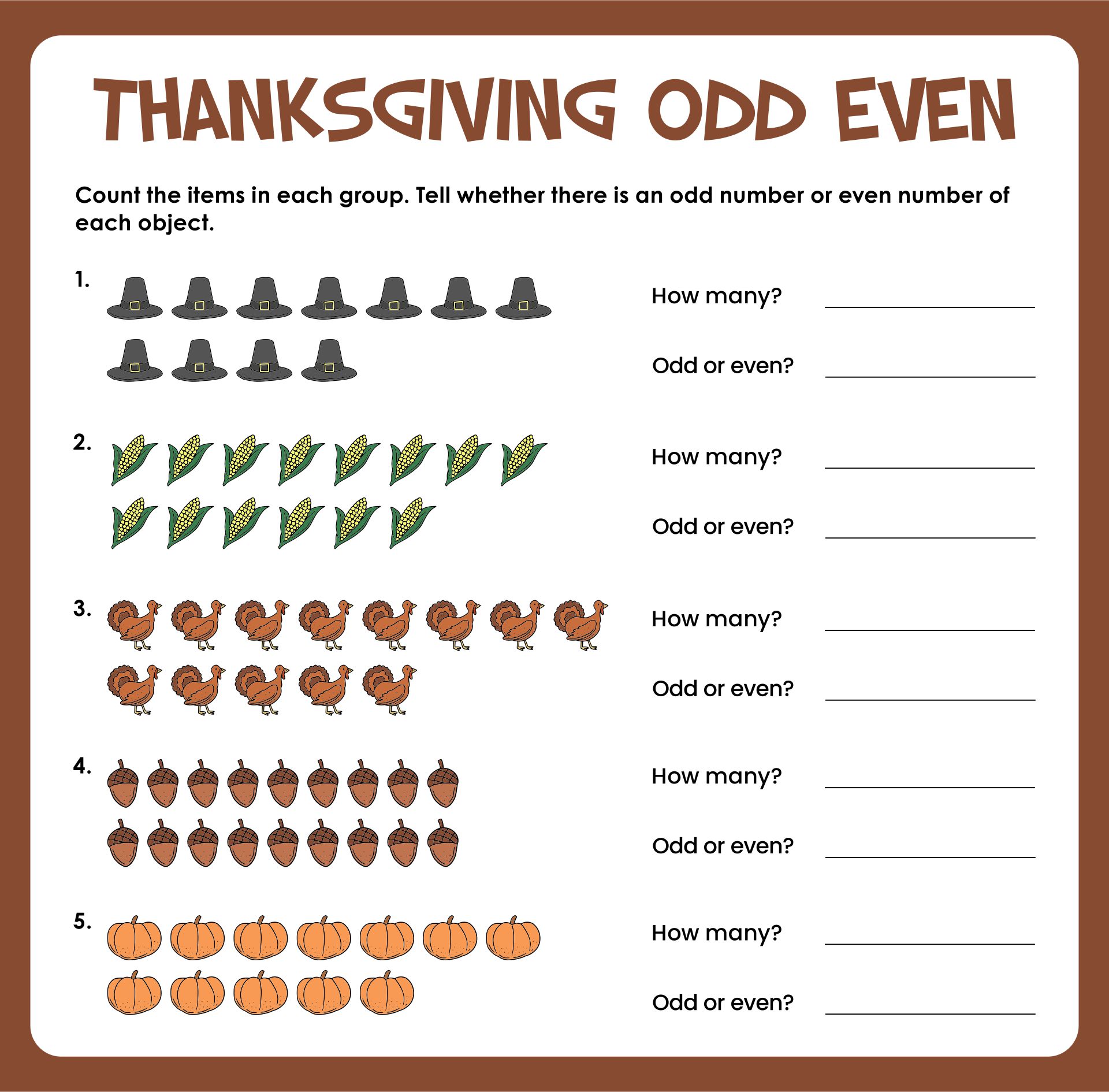 Printable Thanksgiving Brain Teasers Odd Even Kindergarten Math Worksheet