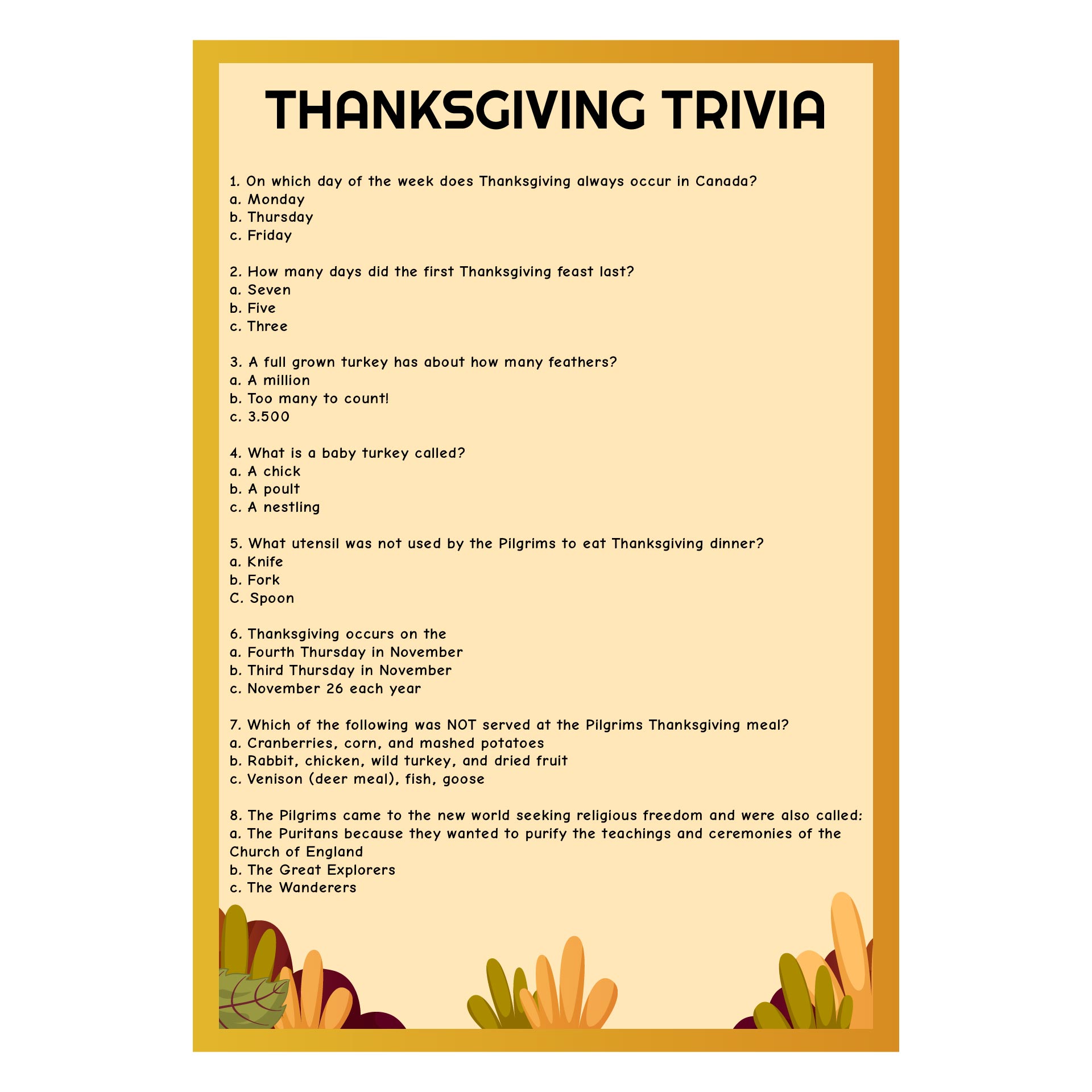 Printable Thanksgiving Trivia Cards