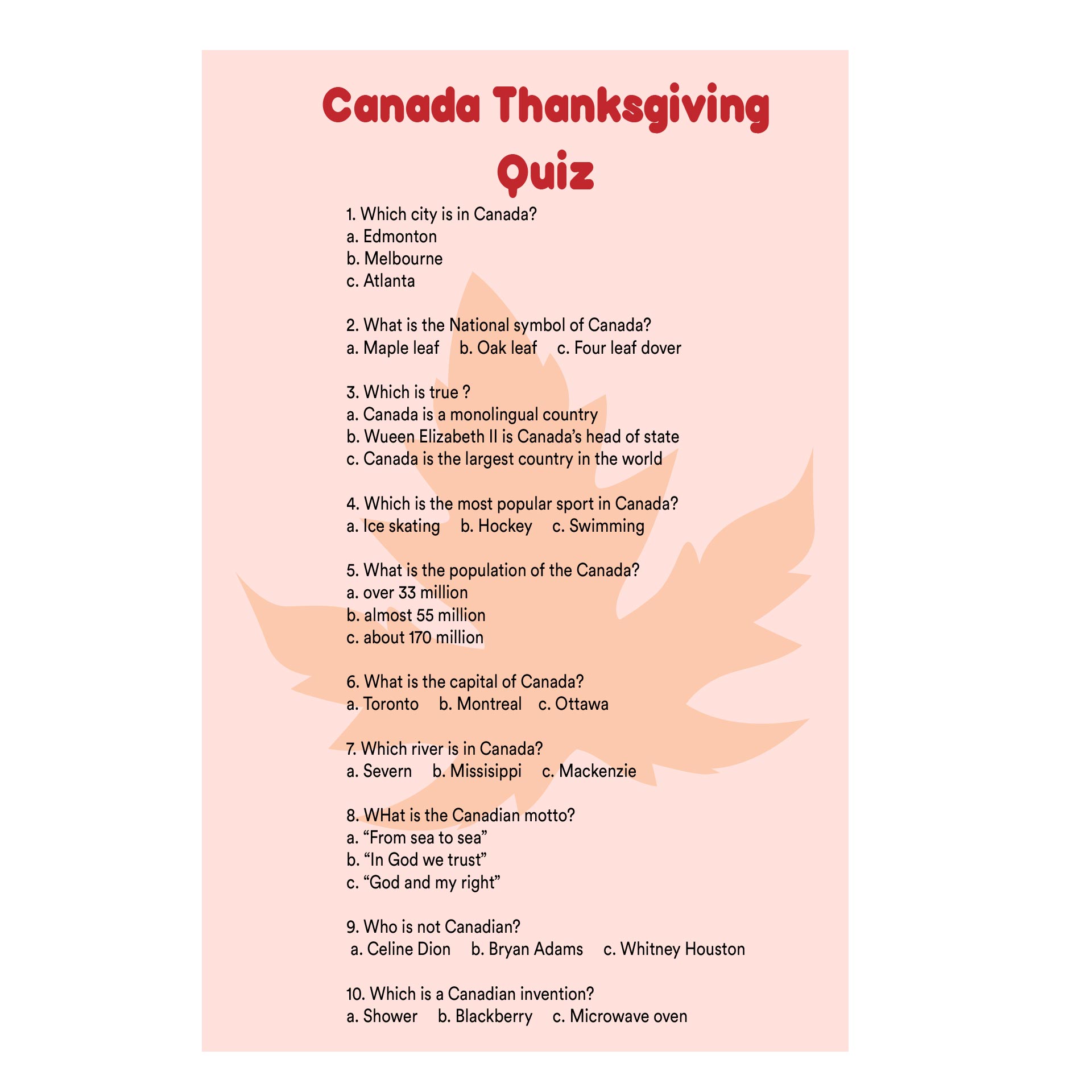 Printable Thanksgiving Trivia Questions Answers Canada
