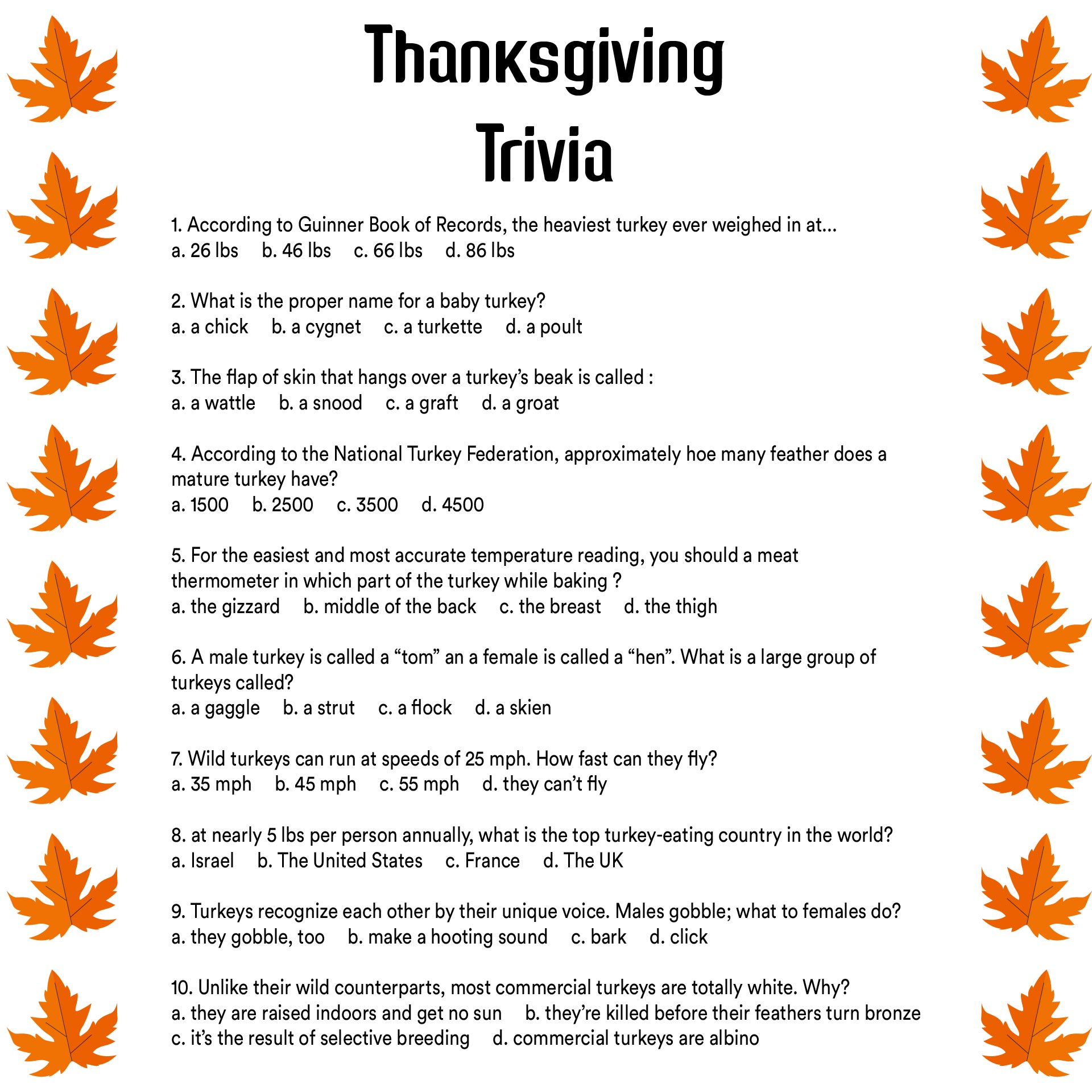 Printable Thanksgiving Trivia Questions Multiple Choice