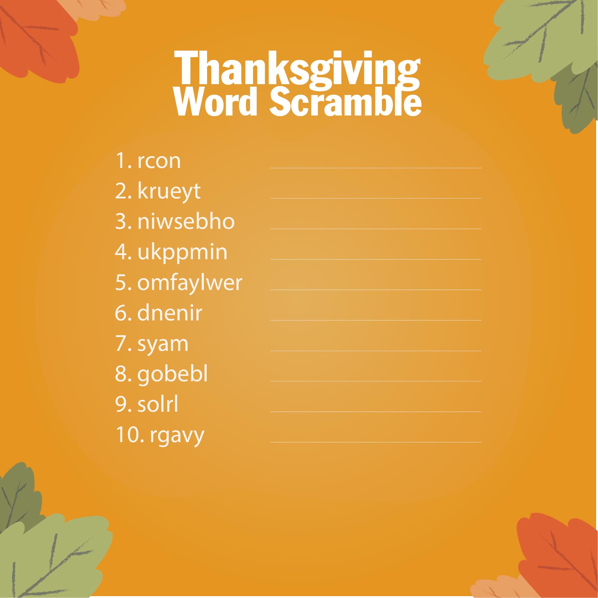 Printable Thanksgiving Unscramble Words