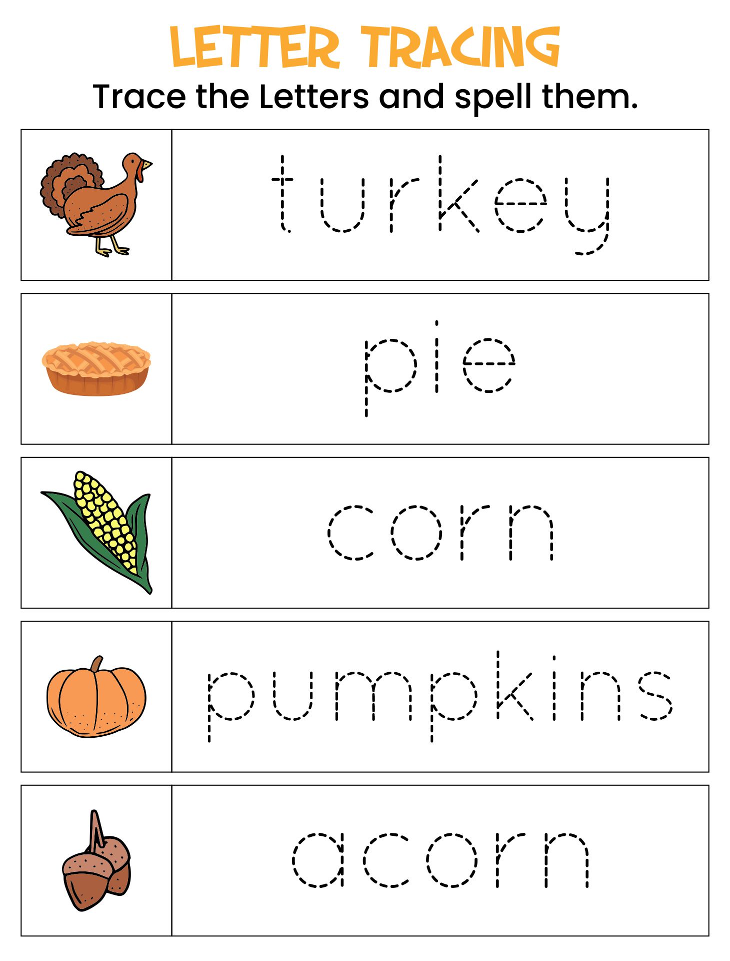 Printable Thanksgiving Words Handwriting & Tracing Worksheet