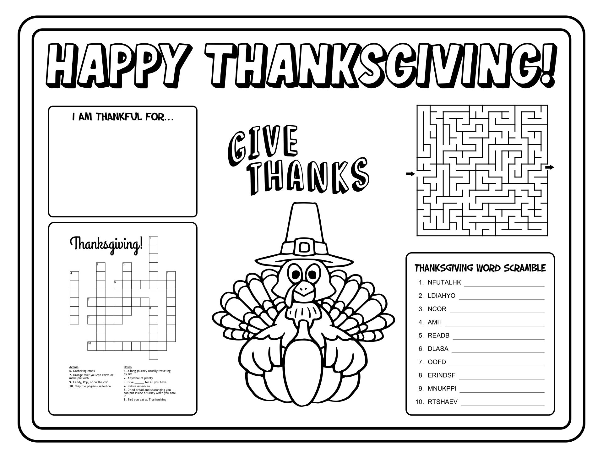 Printable Thanksgiving Worksheet Placemats
