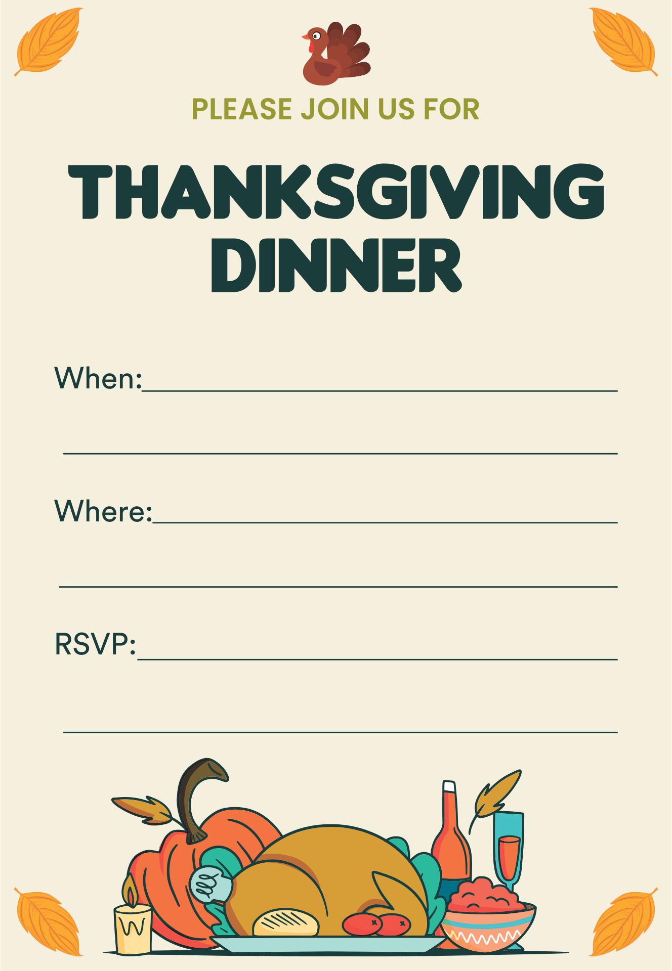 Thanksgiving Dinner Invitation Card Template Printable