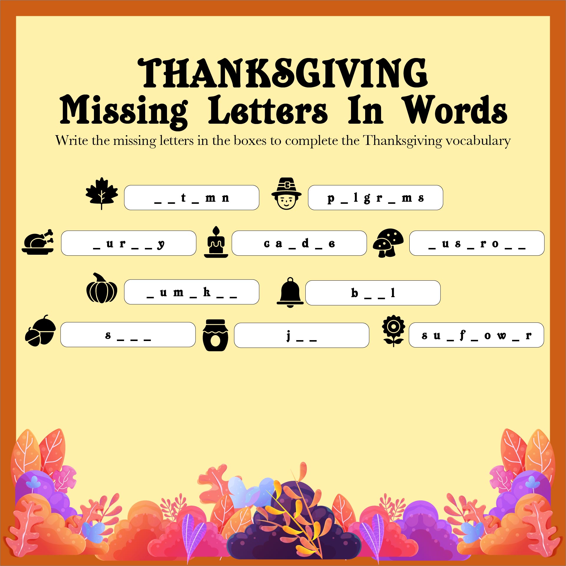 Thanksgiving ESL Vocabulary Worksheets