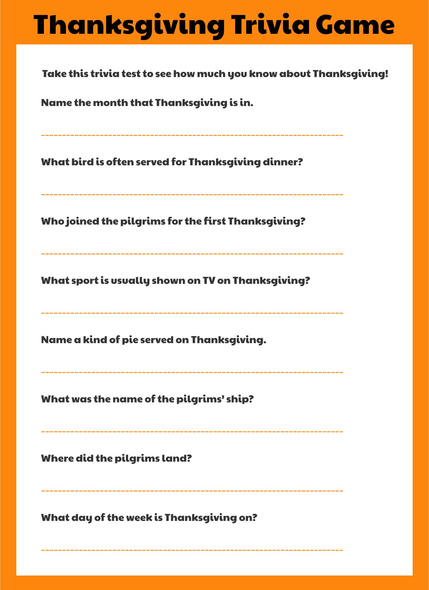 Thanksgiving Printable Trivia