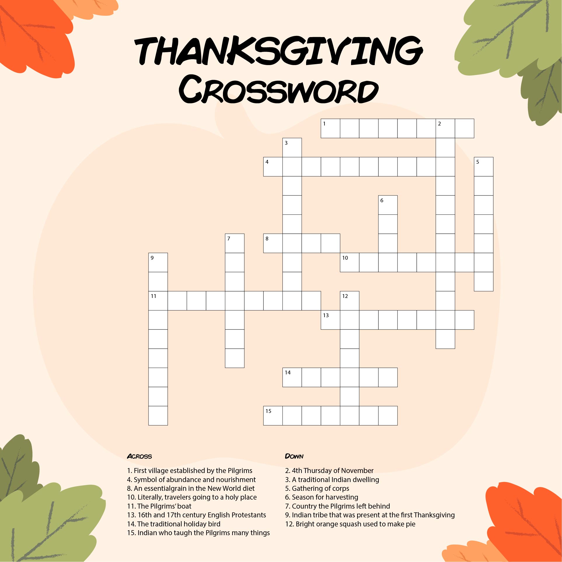 Thanksgiving Themed Crossword Puzzle Printable