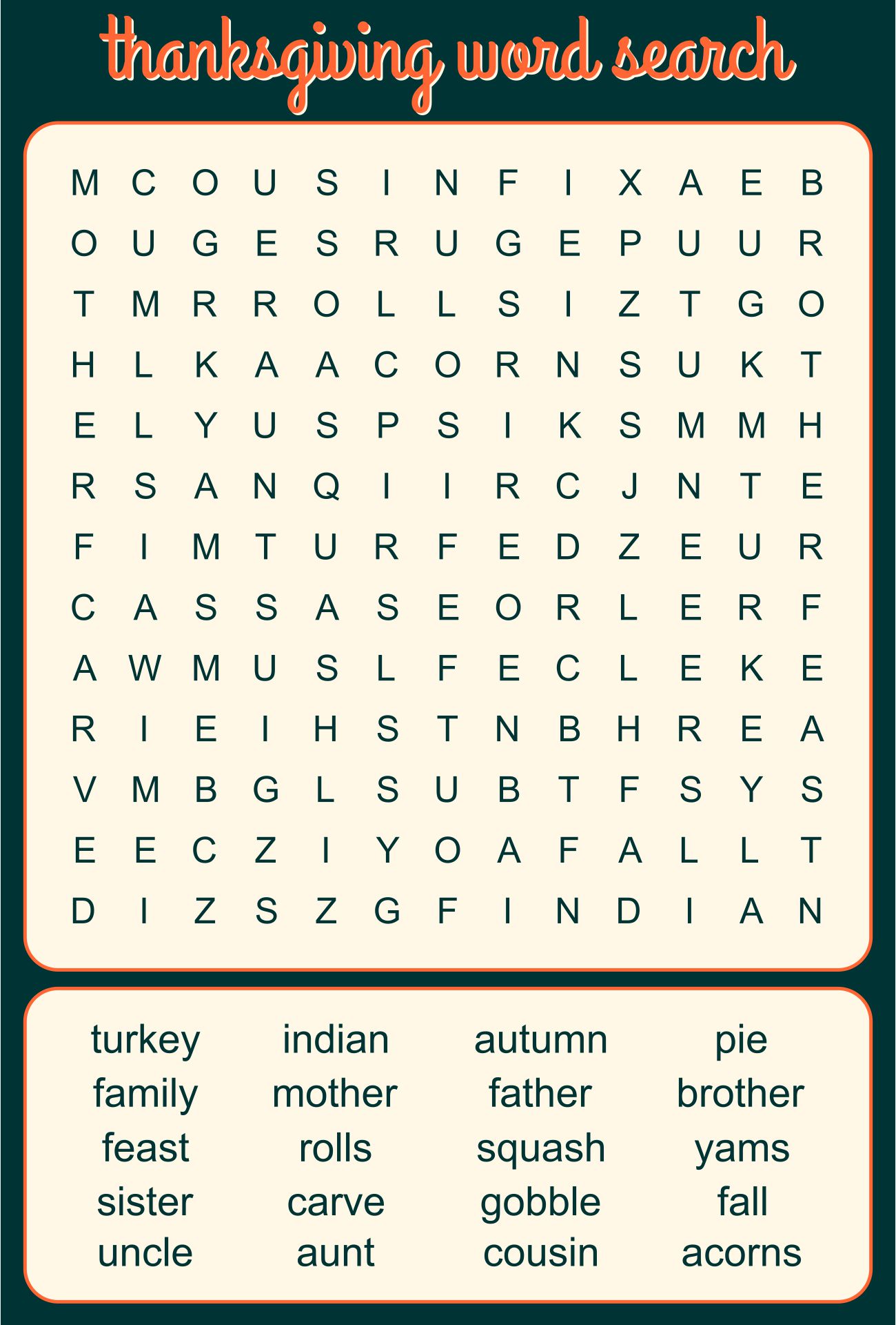 Thanksgiving Word Search Printable Worksheet