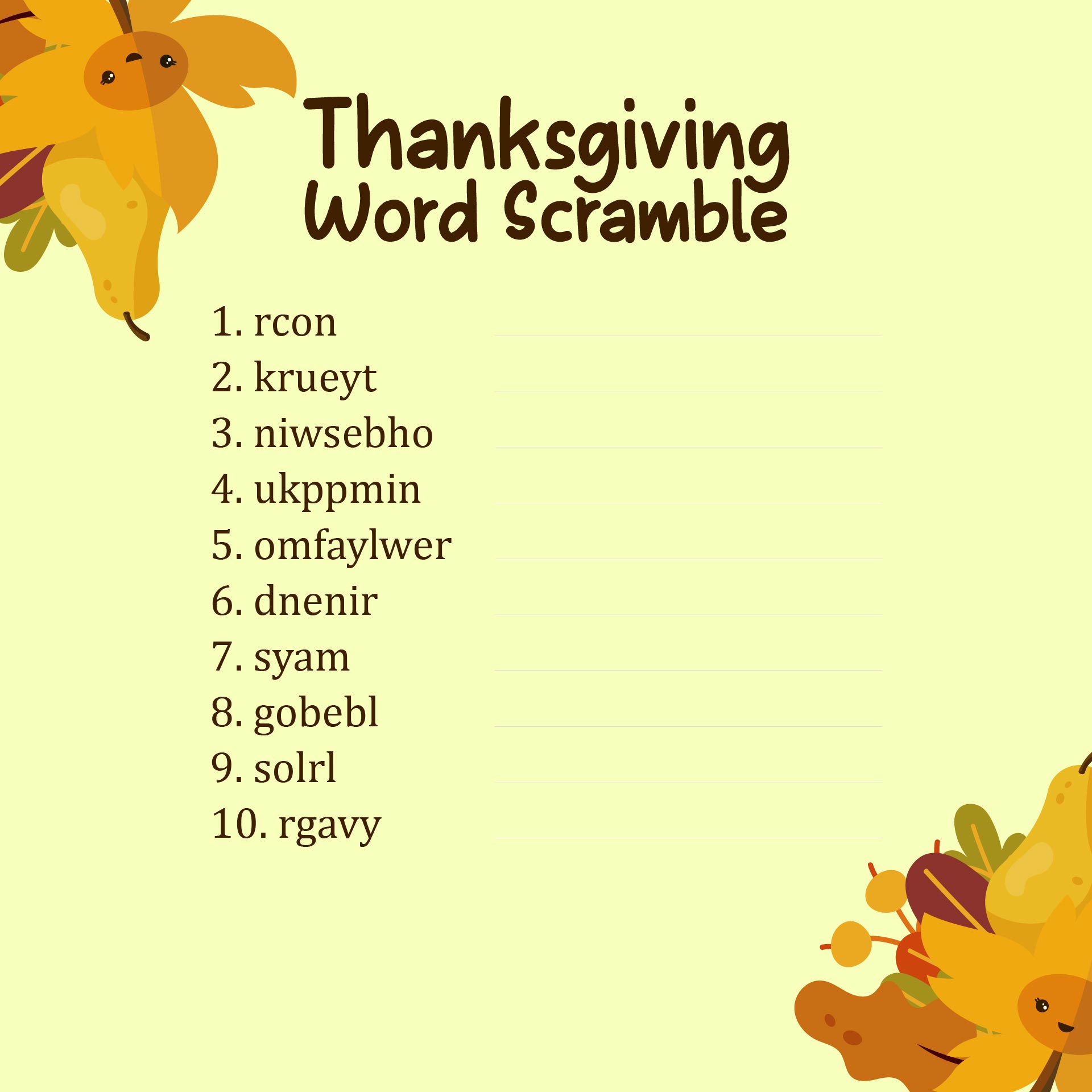 Thanksgiving Word Unscramble Printable