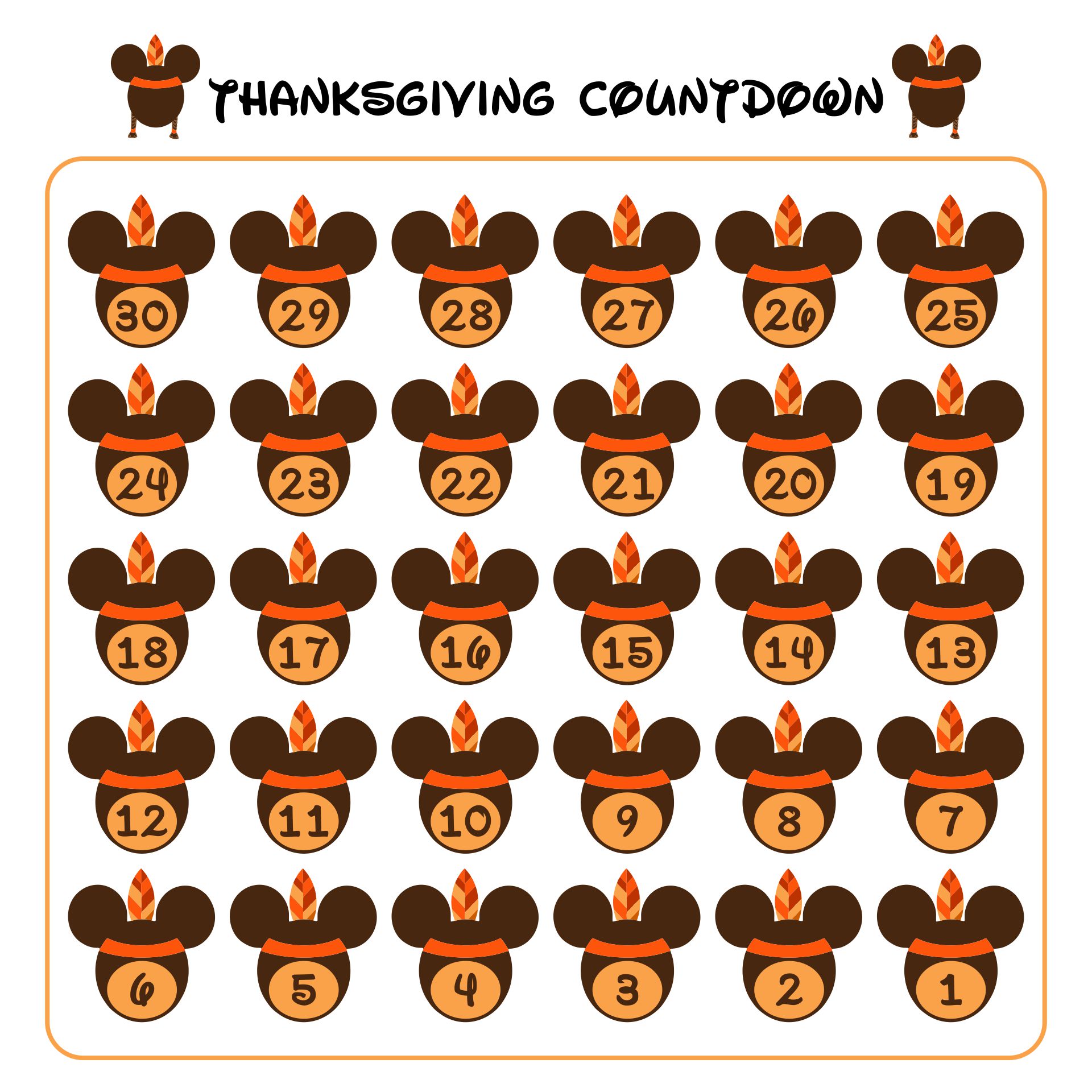 Unique Thanksgiving Disney Countdown Calendar Printable