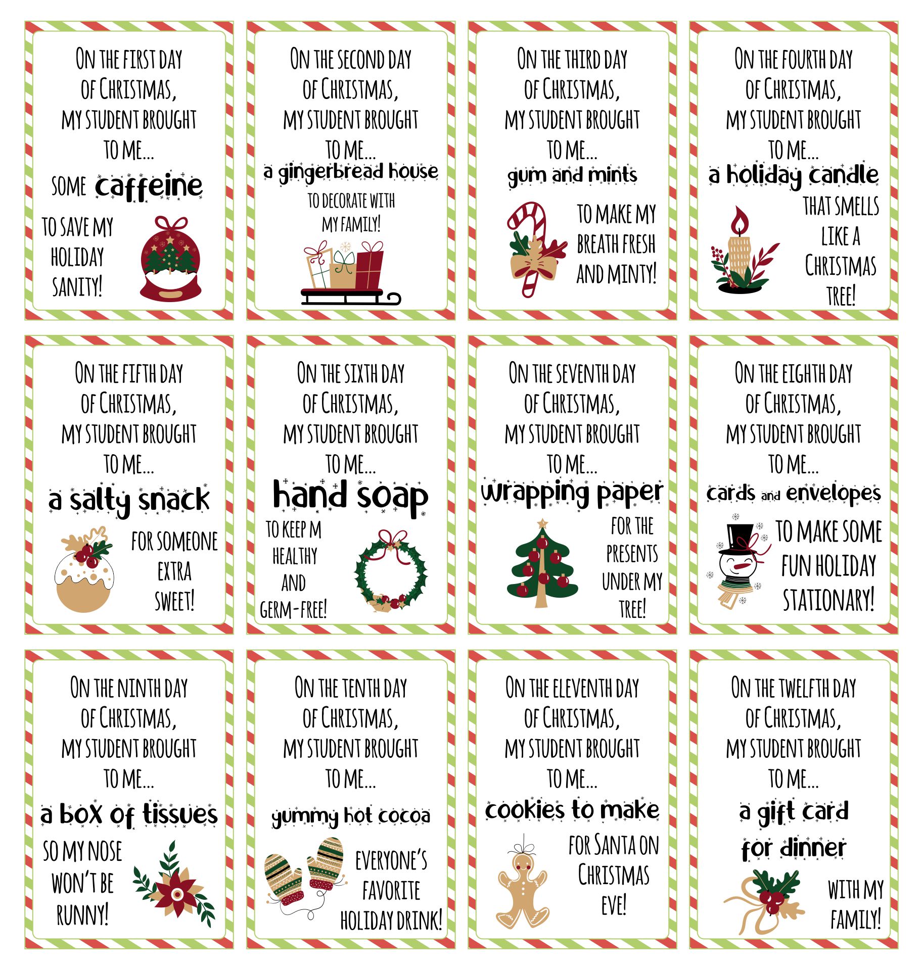 12 Days Of Christmas Tags For Teacher From Student