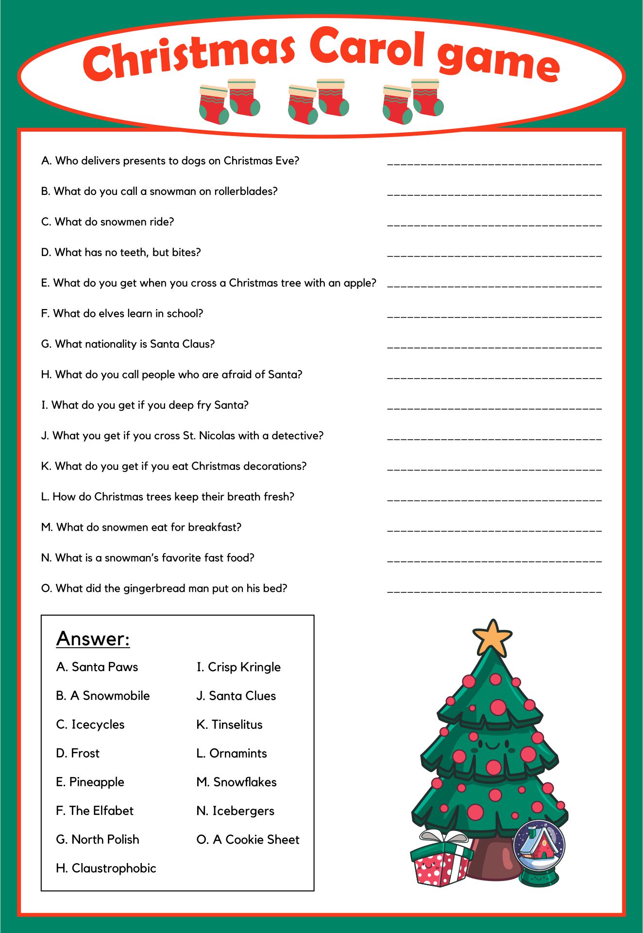 Christmas Carol Brain Teasers Printable