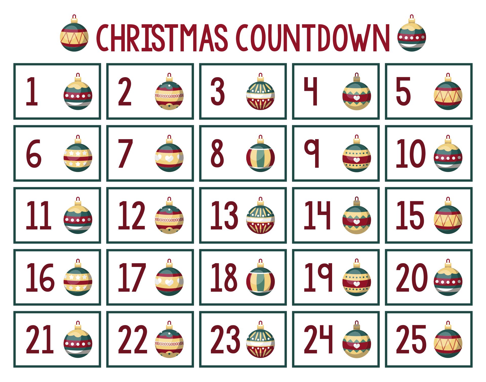 Christmas Countdown Ornament Number Cards