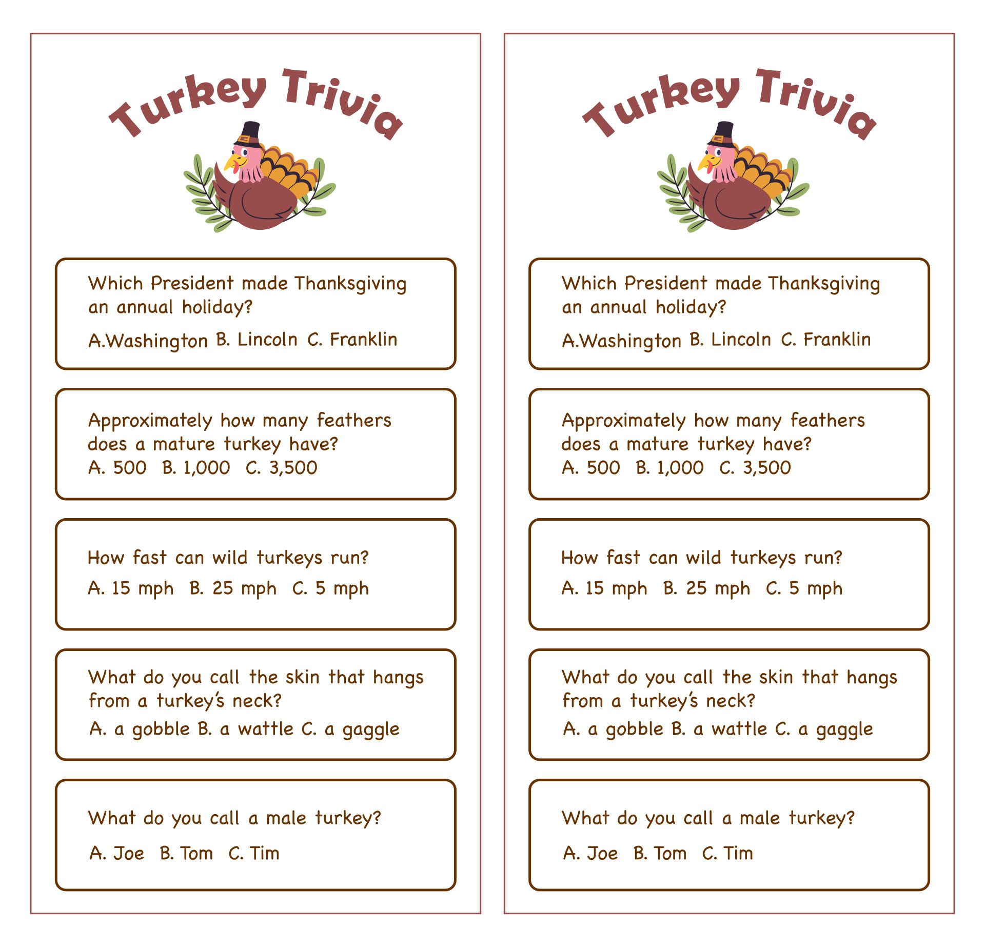 Easy Thanksgiving Trivia Printable