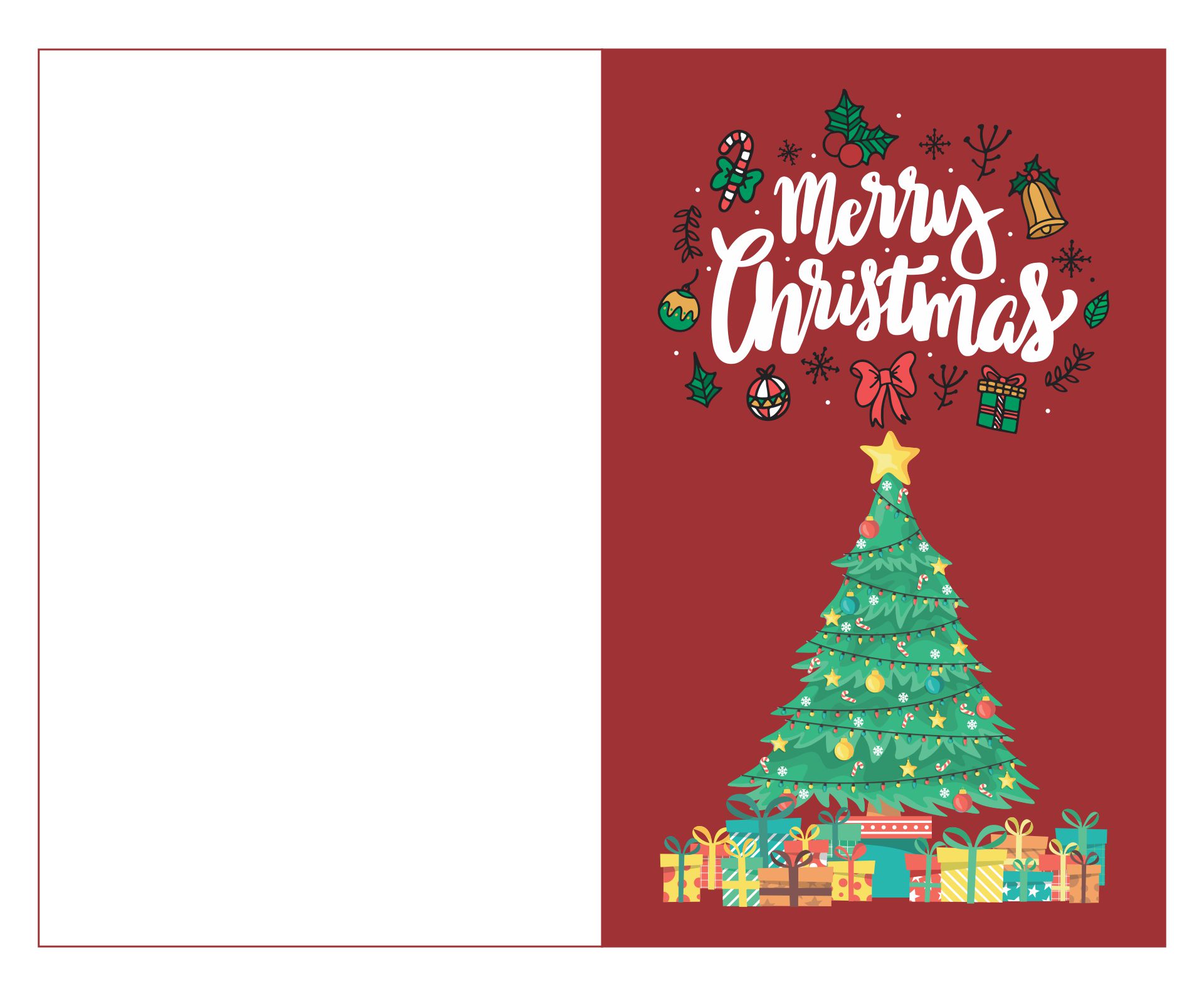 Merry Christmas Card With Presents And Christmas Tree Template