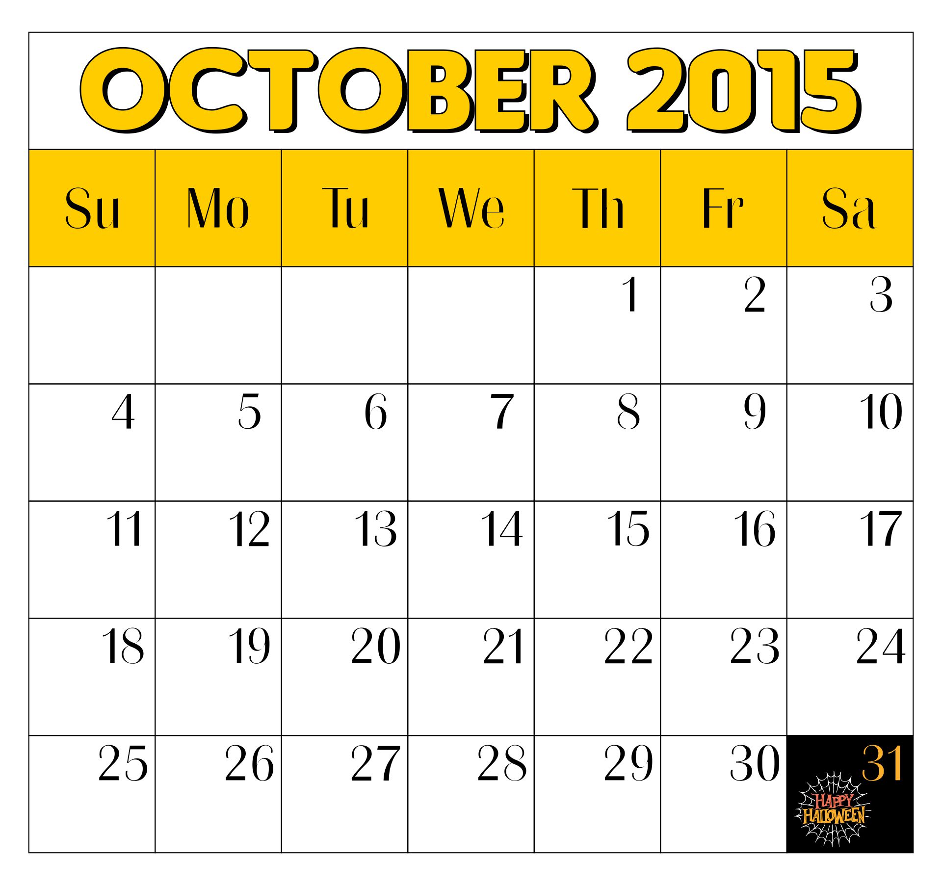 October 2015 Calendar With Holidays Printable