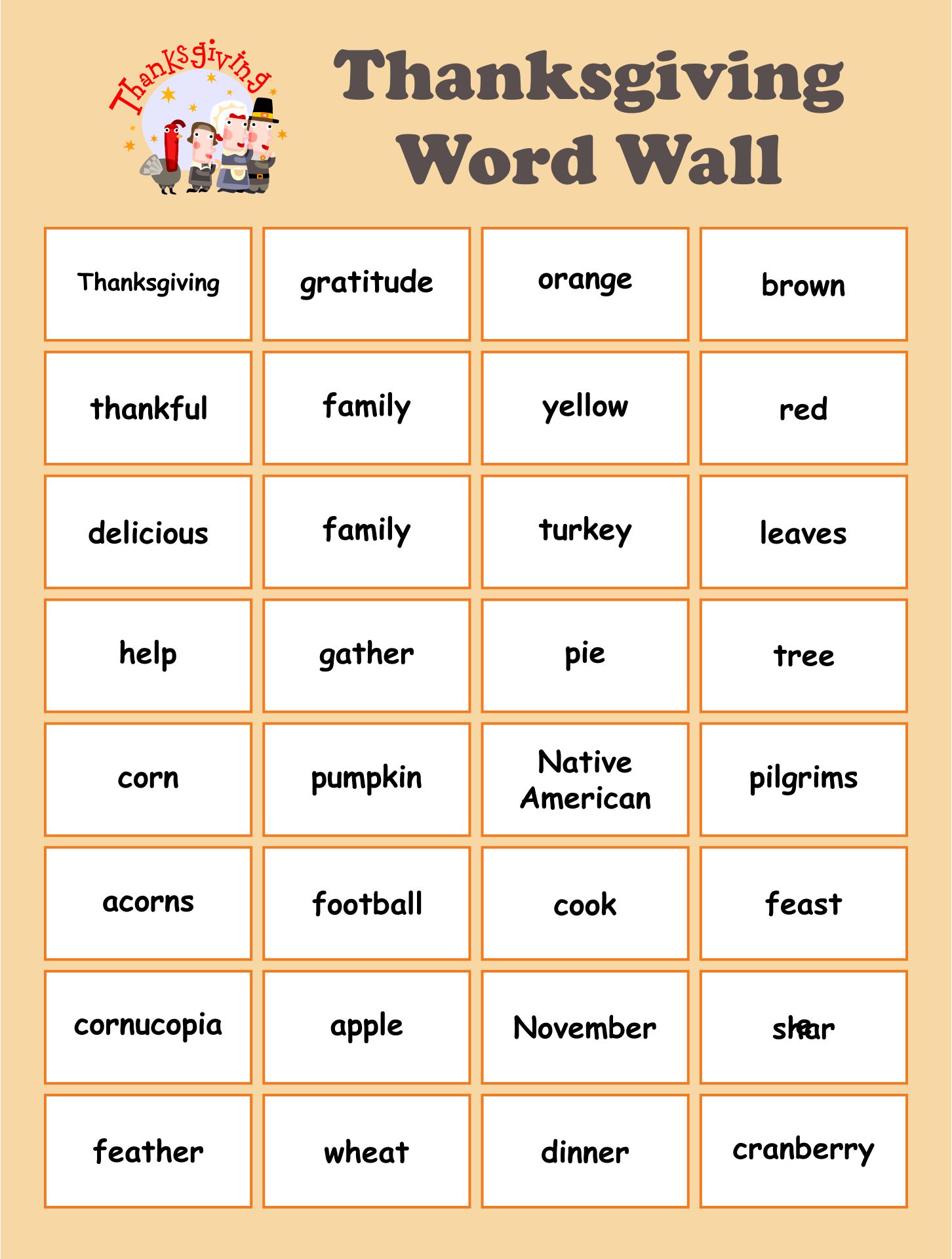 Preschool Thanksgiving Word Wall Printable
