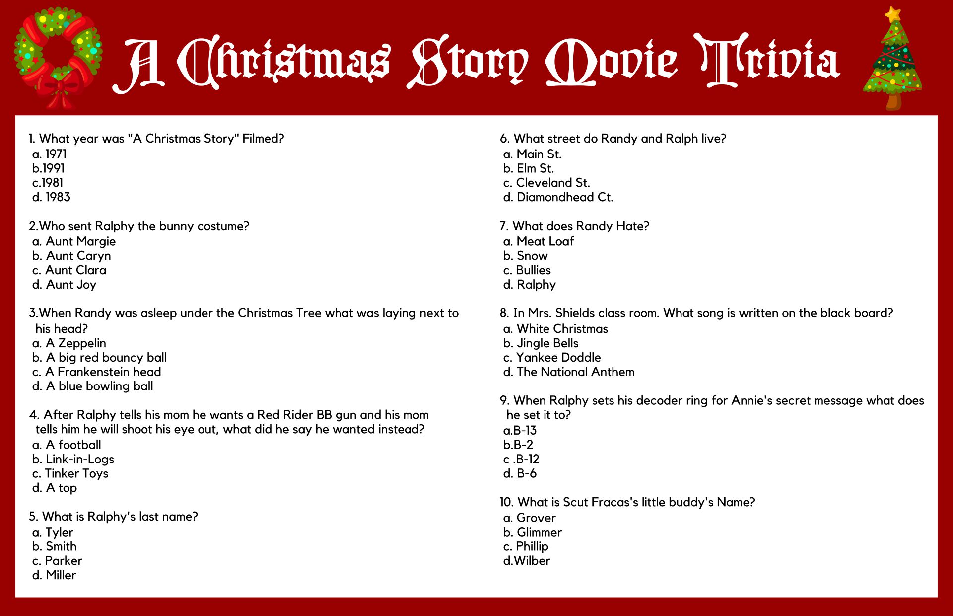 Printable A Christmas Story Movie Trivia