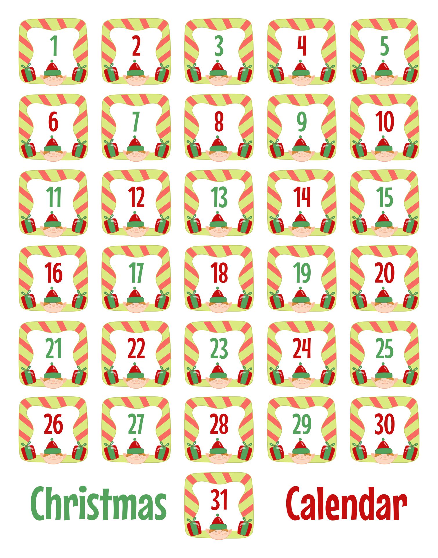 Printable Christmas Elves Calendar Cards 1-31
