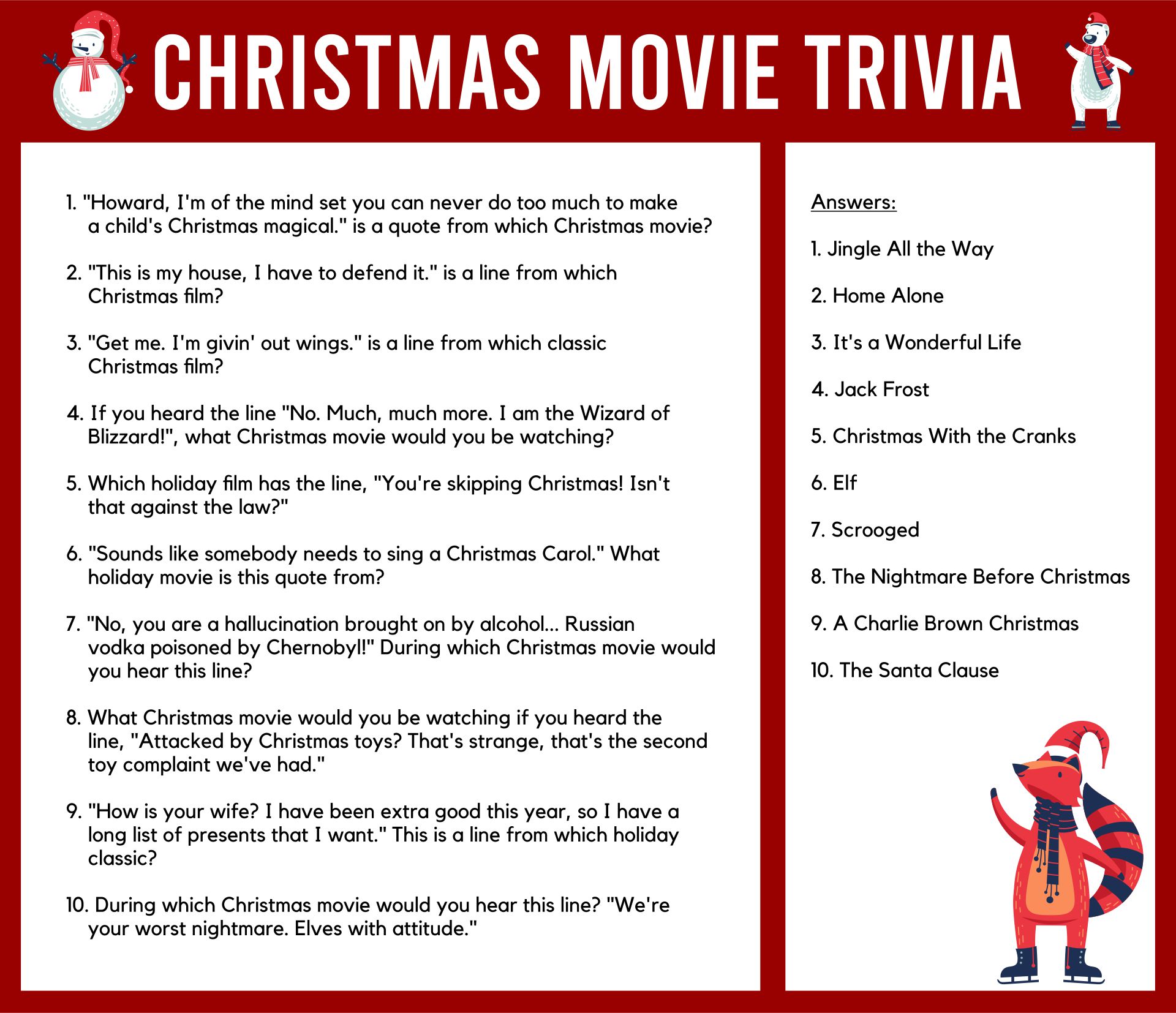 Printable Christmas Movie Trivia Questions And Answers