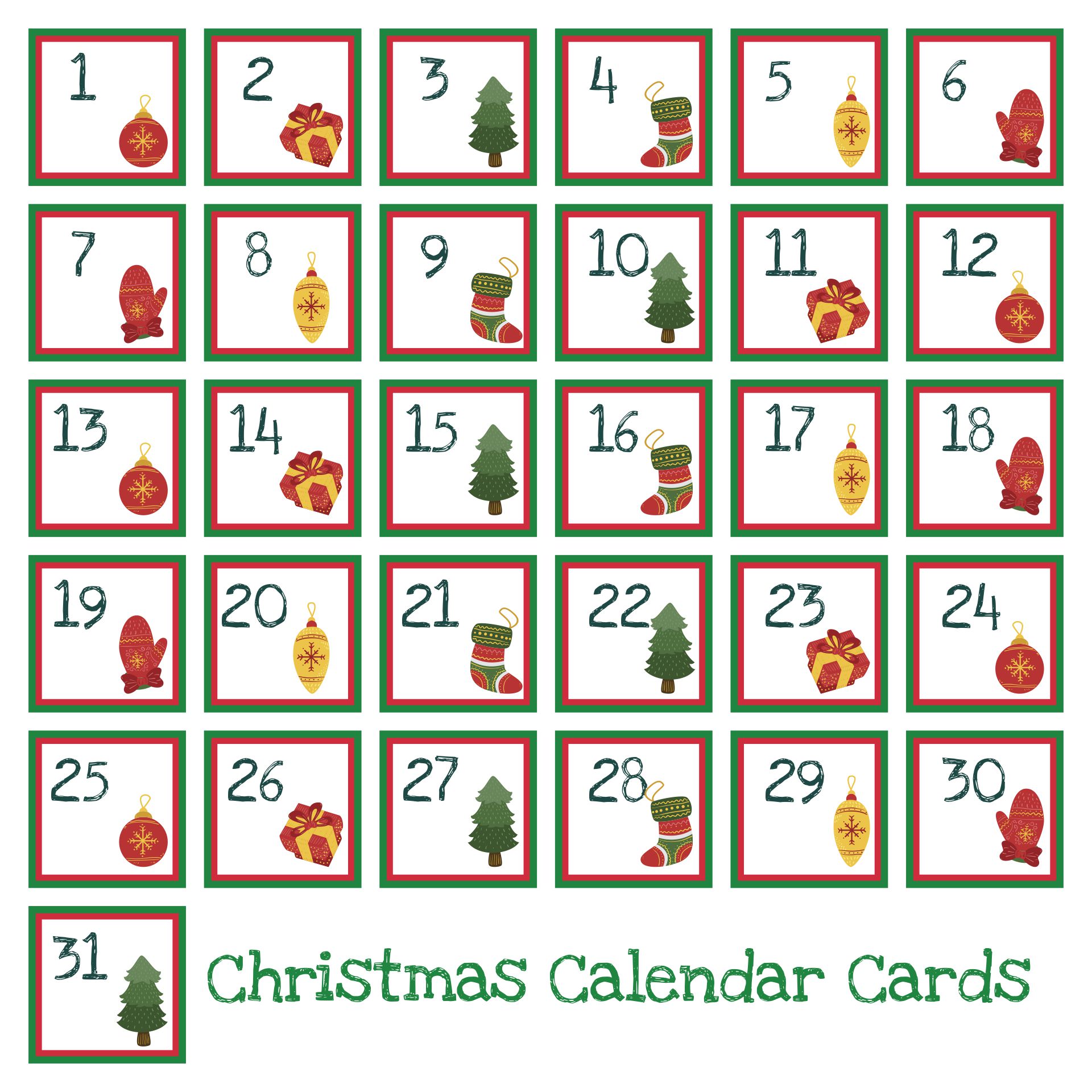 Printable Christmas Smores Calendar Cards 1-31