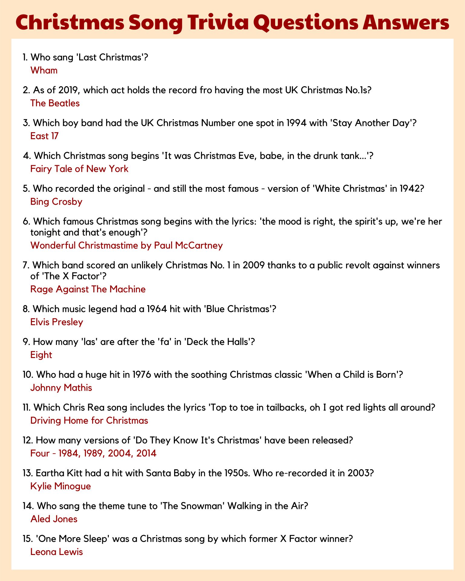 Printable Christmas Song Trivia Questions Answers