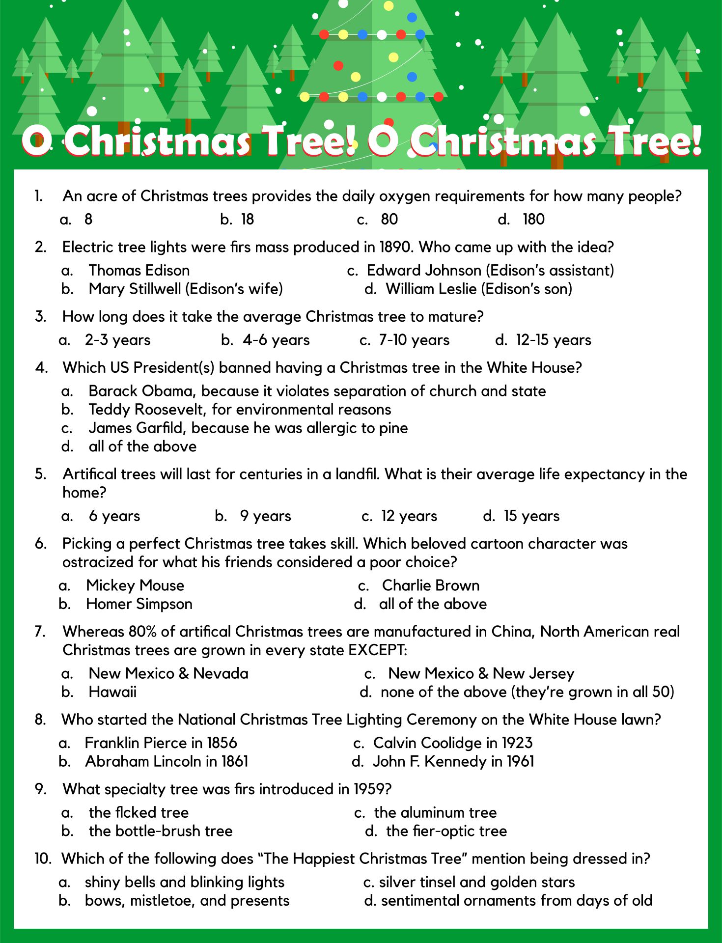 Printable Christmas Tree Trivia Quiz