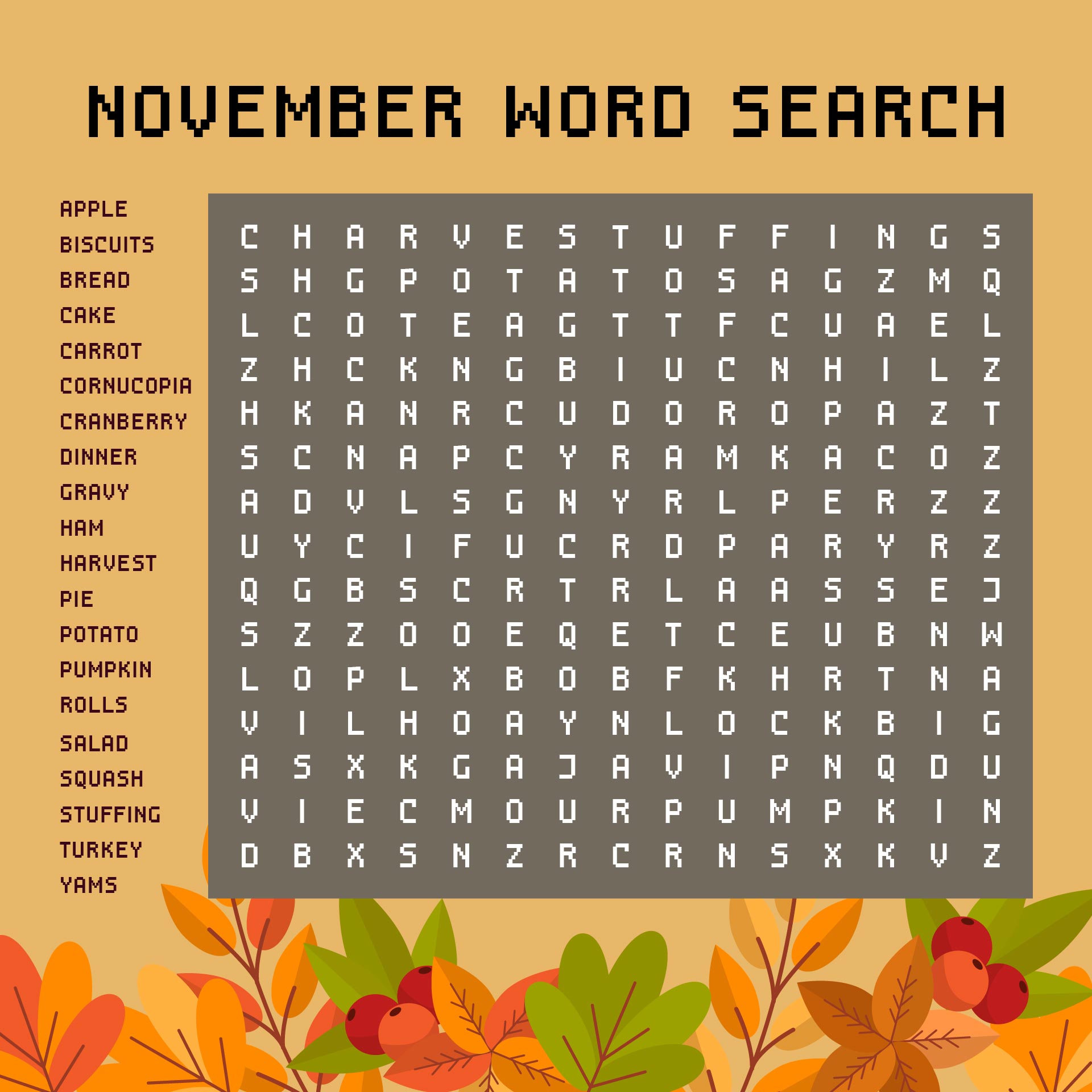 Printable November Word Search Puzzles