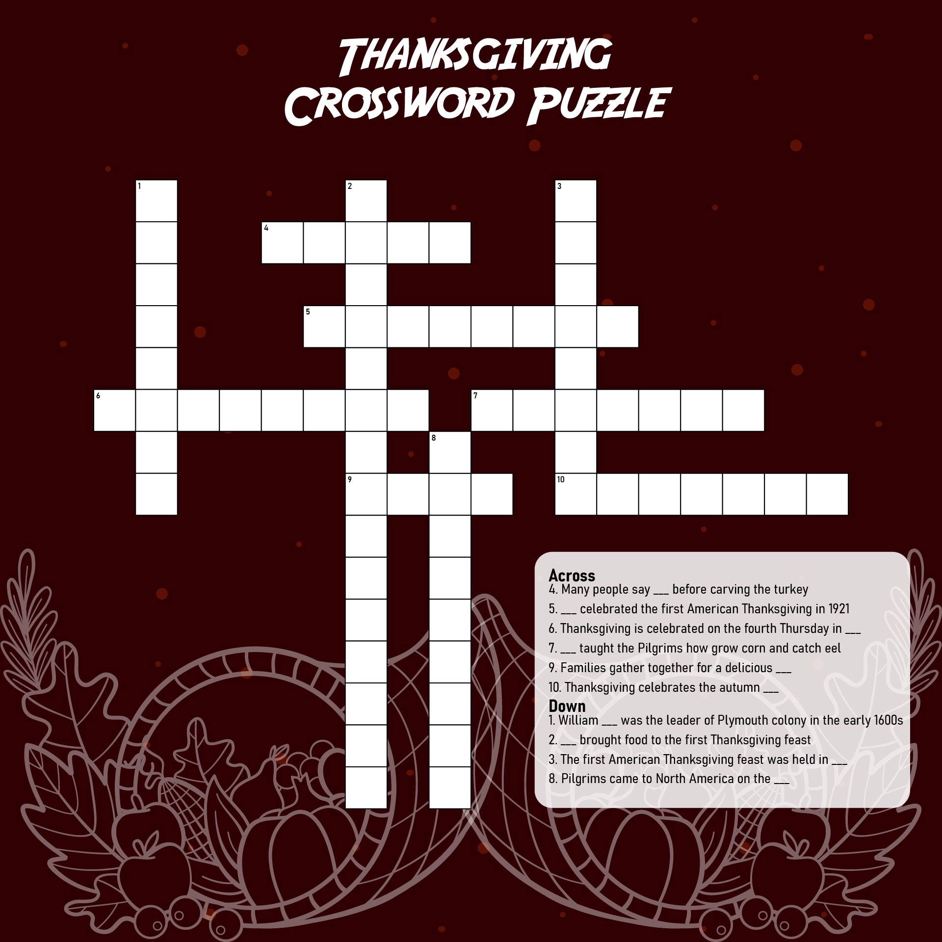 Printable Thanksgiving Crossword Puzzle Worksheet Answer Key