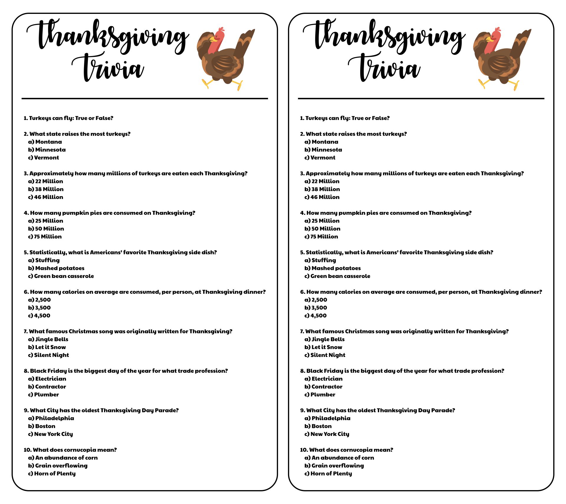 Printable Thanksgiving Trivia Game